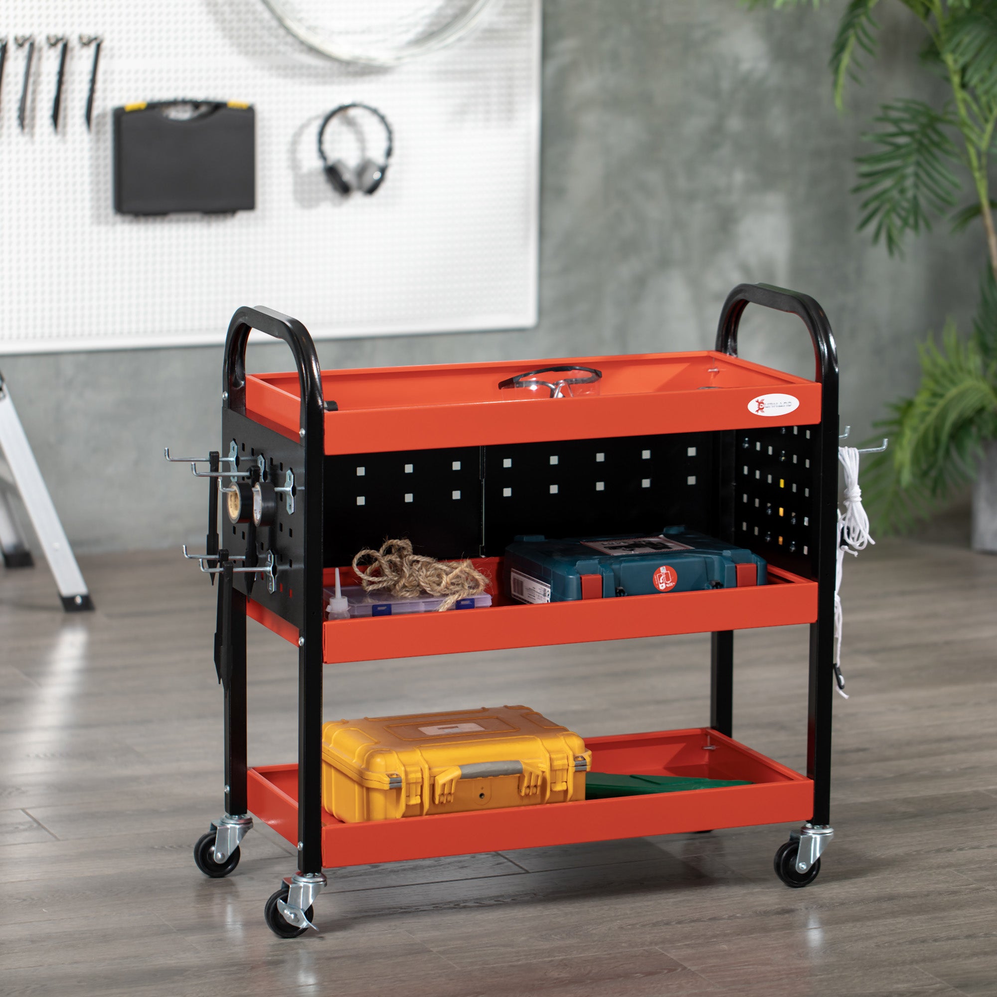 3 Tier Shelf Tool Cart Storage Trolley Wheel Cart for Garage Workshop Warehouse DIY Tool with 10 Hooks 100 kg Red