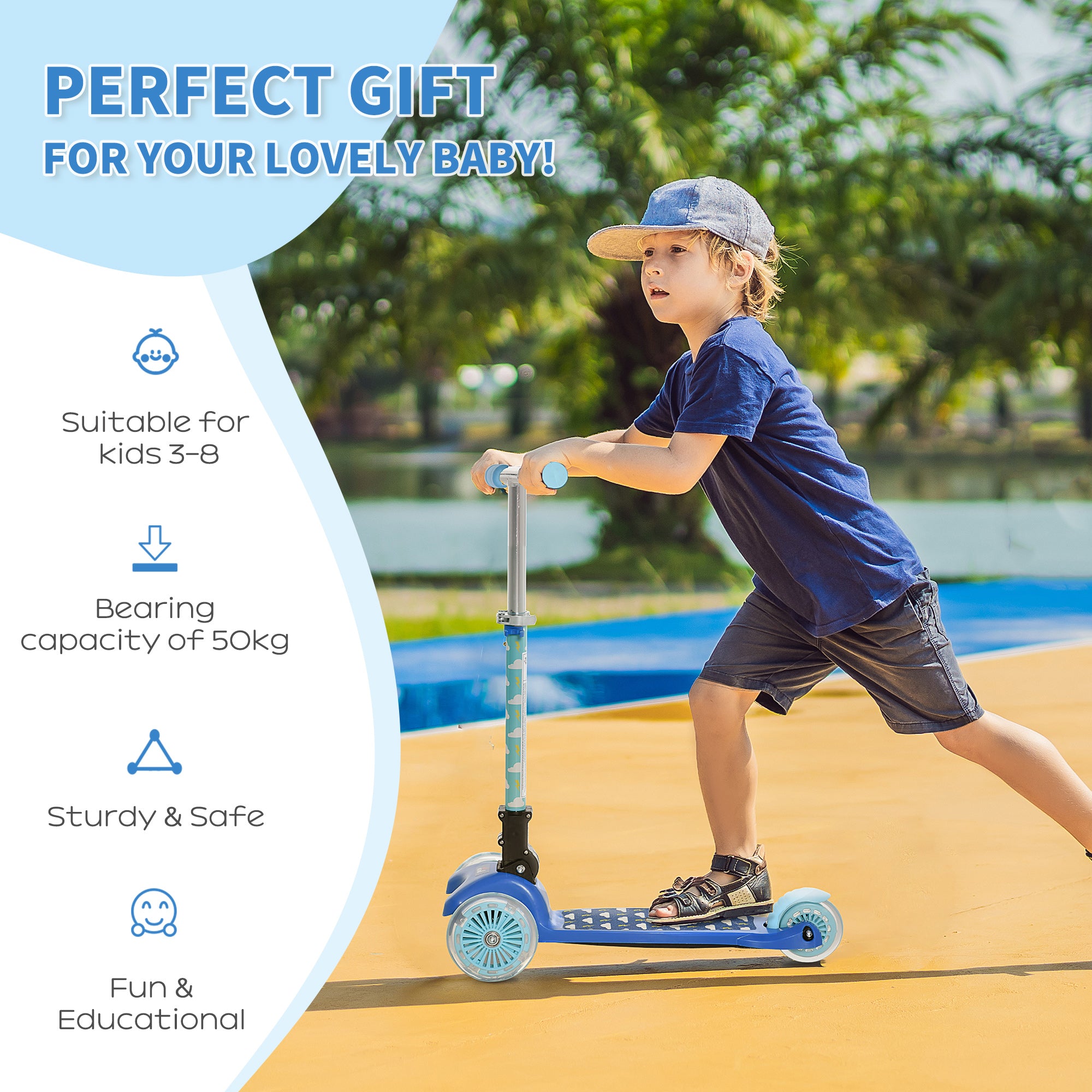 Scooter for Kids Toddler Foldable Kick Scooter with 3 Wheel Adjustable Height Flashing Wheels for Boys and Girls 3-8 Years Blue