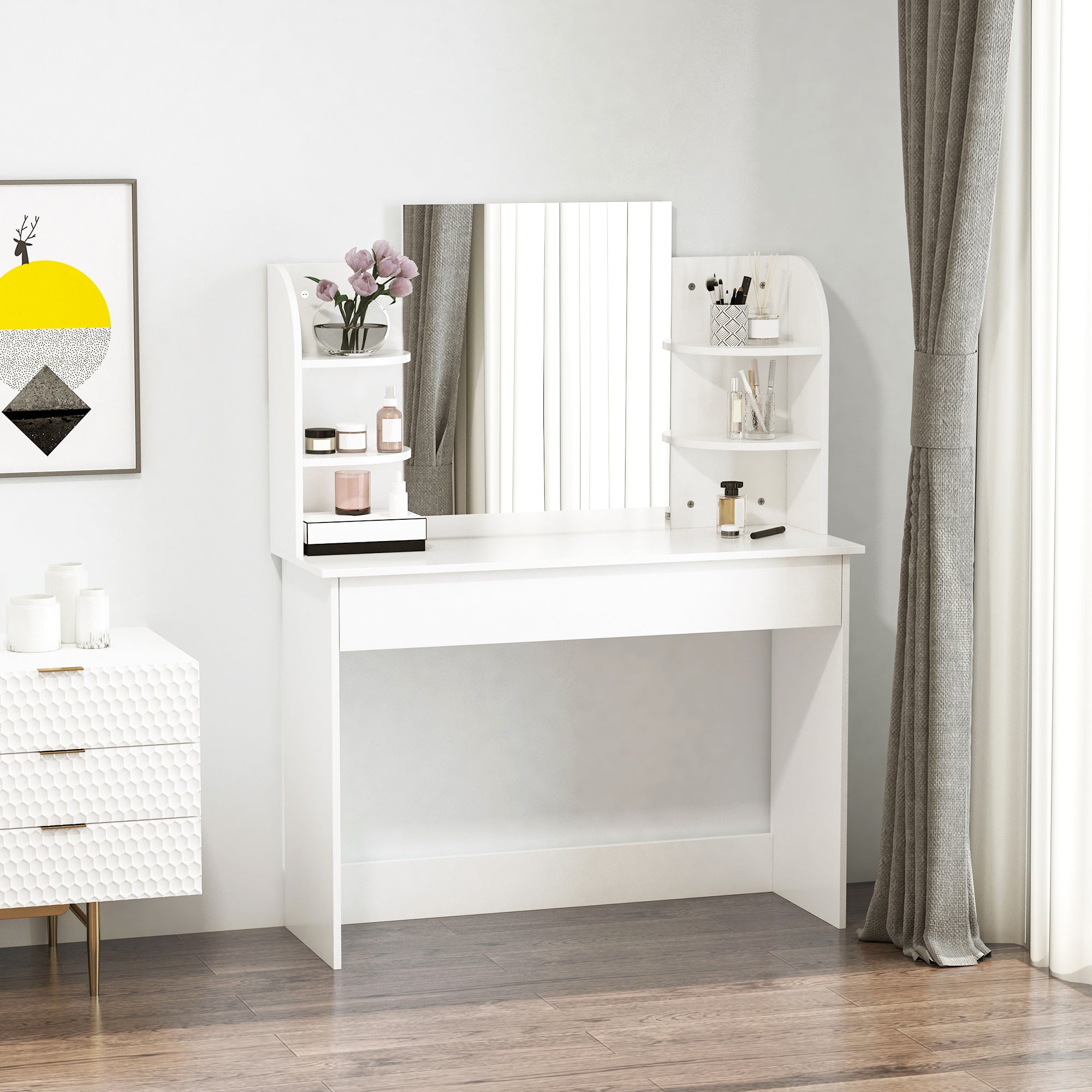 Modern Dressing Table Writing Desk W/ Mirror, Big Drawers, 2-Tier Open Shelf For Home Bedroom White