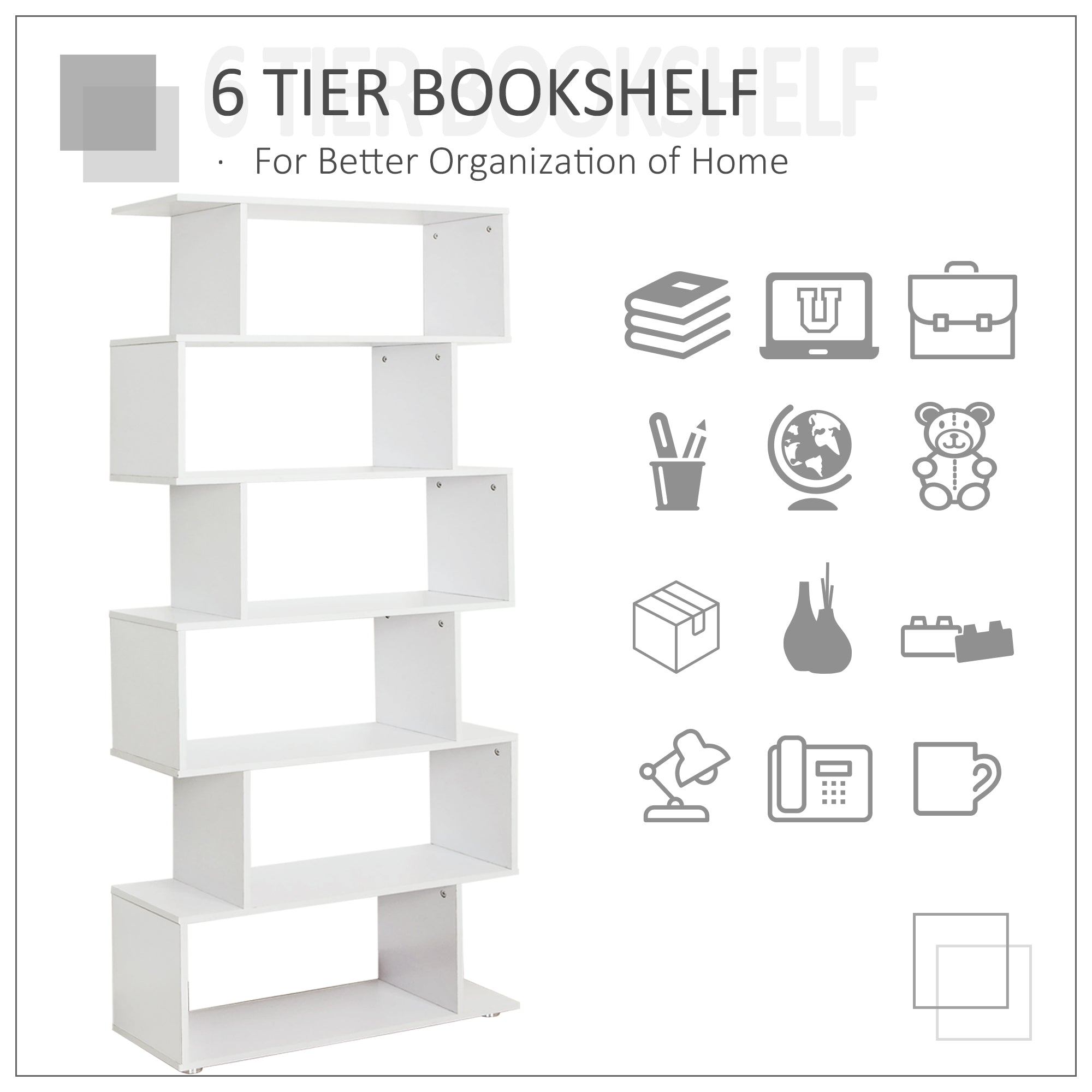 S Shape Wooden 6-tier Bookshelf Open Concept Bookcase Storage Display Unit for Home Office Living Room, White