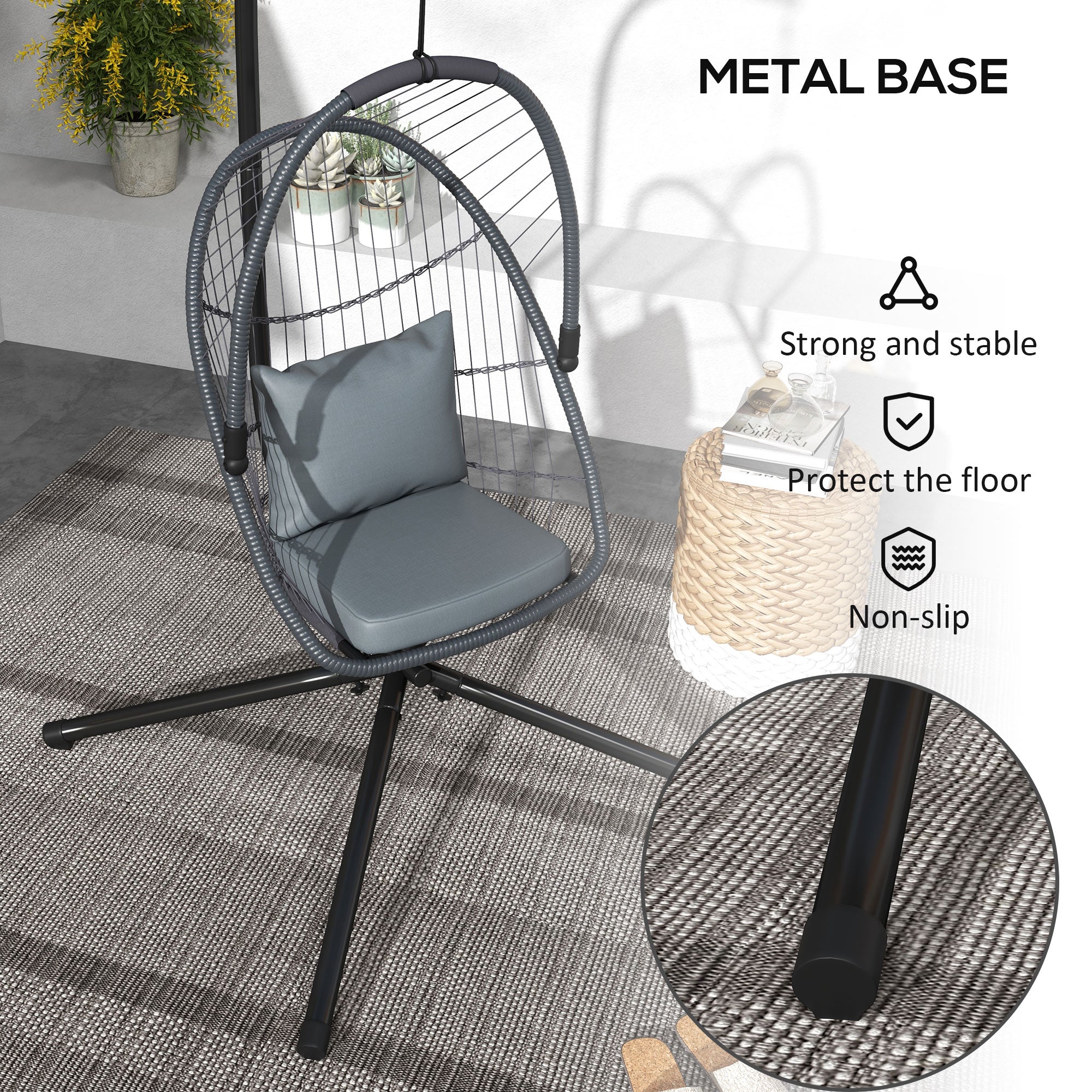 Outdoor PE Rattan Swing Chair with Cushion, Foldable Basket Patio Hanging Chair with Metal Stand, 360° Rotation Spring Hook, Basket Height Adjust with Metal Chain, Grey