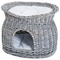 2-Tier Wicker Cat House Elevated Pet Bed Basket with Washable Cushions 56x37x40cm - Grey