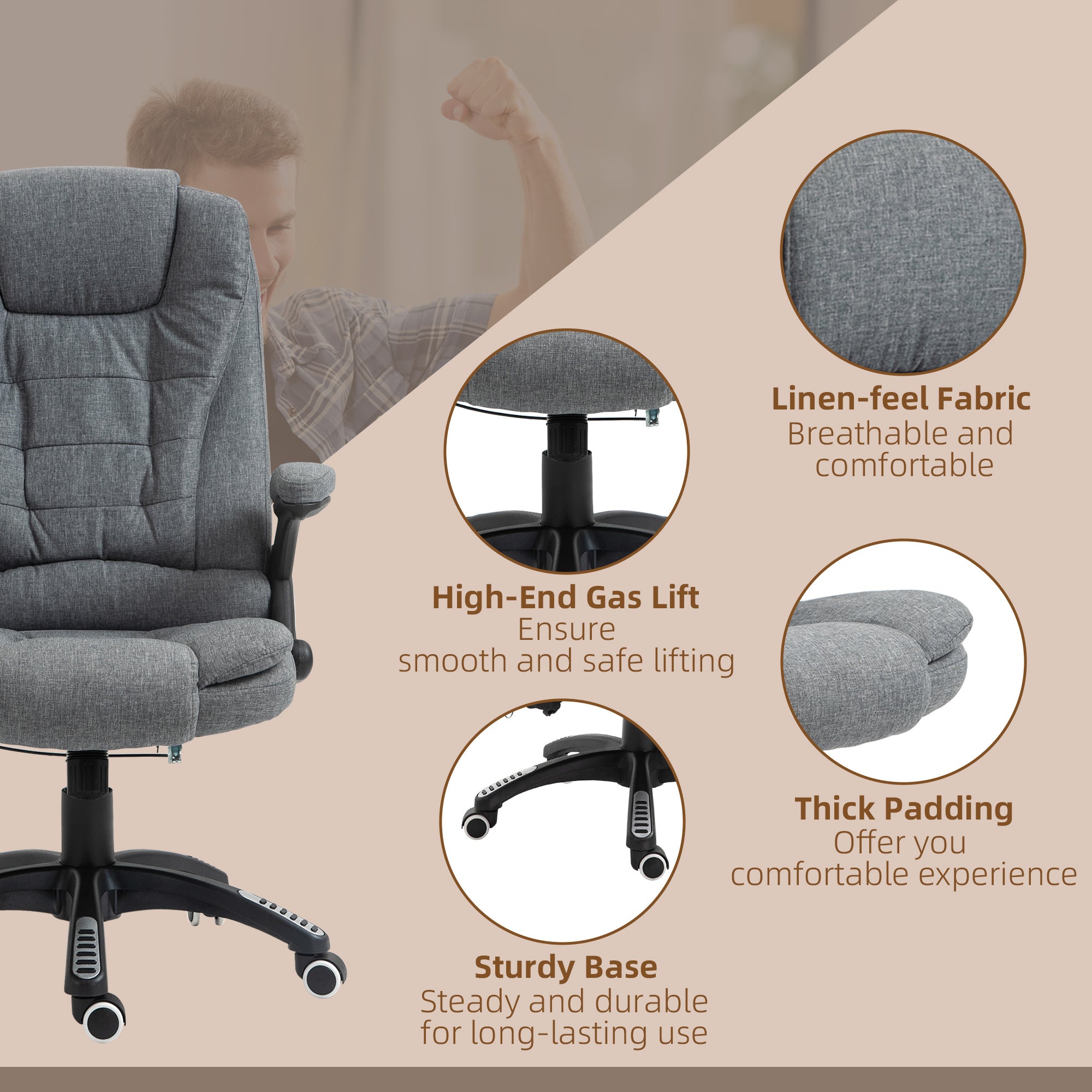 Massage Recliner Chair Heated Office Chair with Six Massage Points Linen-Feel Fabric 360° Swivel Wheels Grey