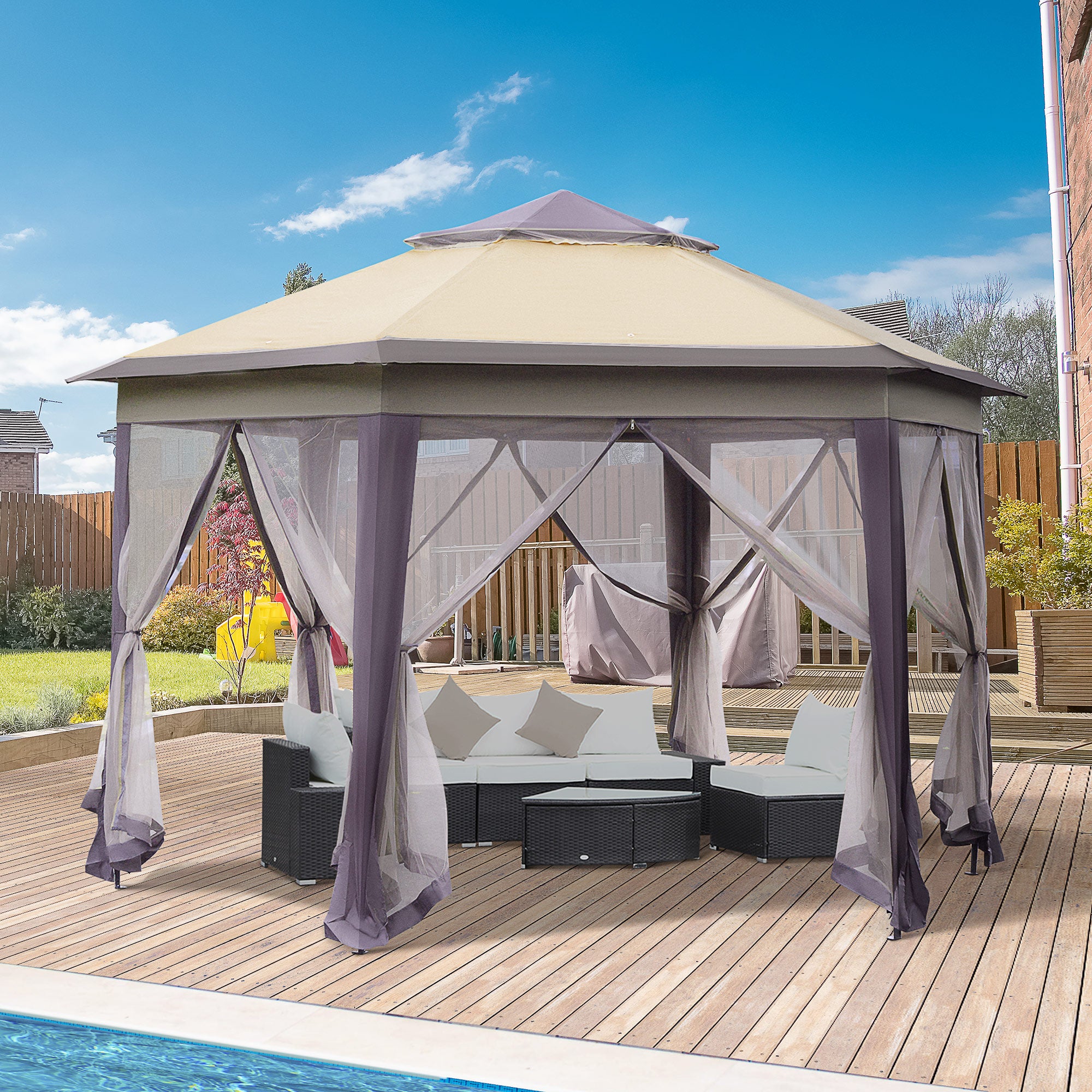 Hexagon Patio Gazebo Pop Up Gazebo Outdoor Double Roof Instant Shelter with Netting, 4m x 4m, Beige