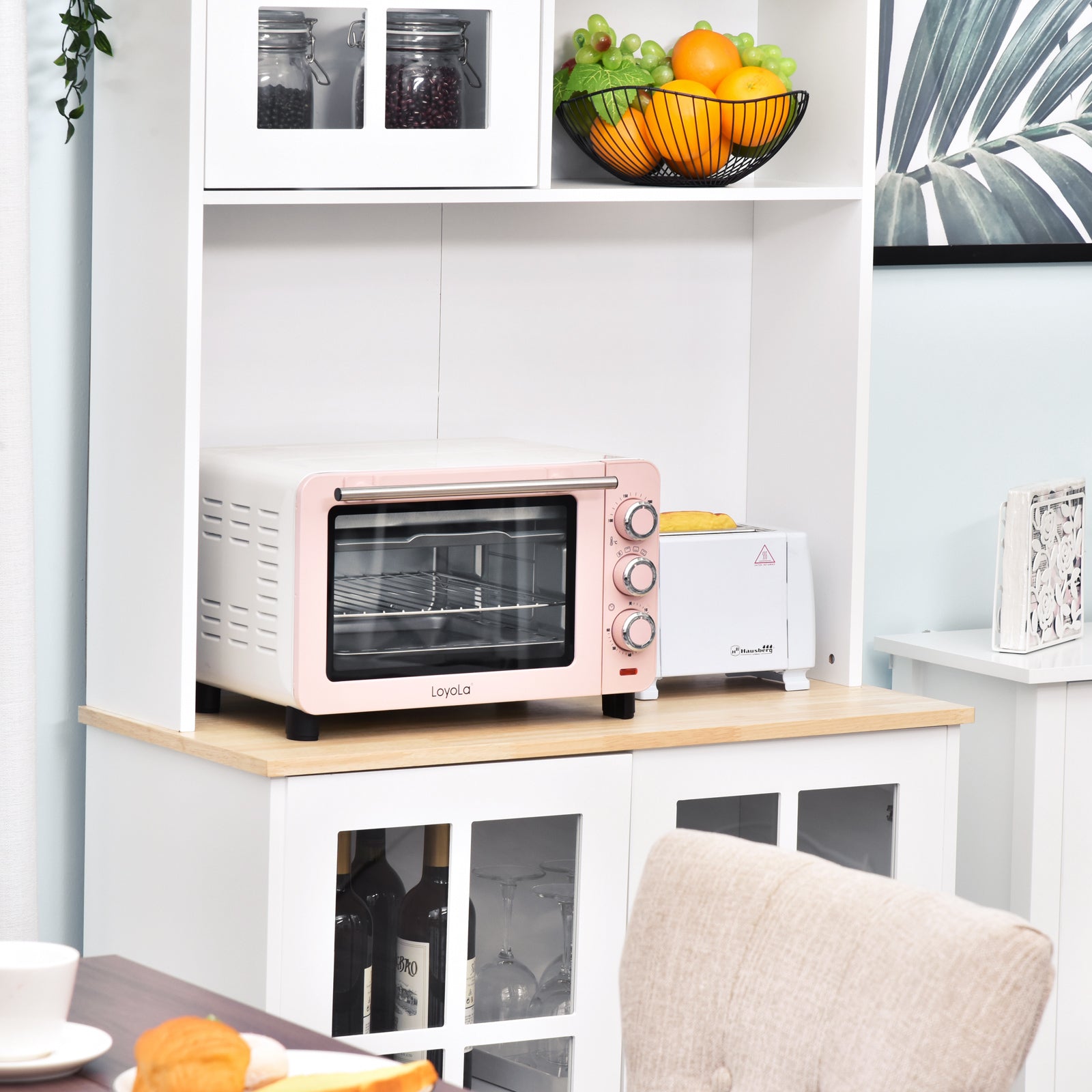 Kitchen Cupboard Sideboard Storage Cabinet Unit w/ Counter Top Grid Glass Doors Shelves 80L x 37W x 183H cm - White