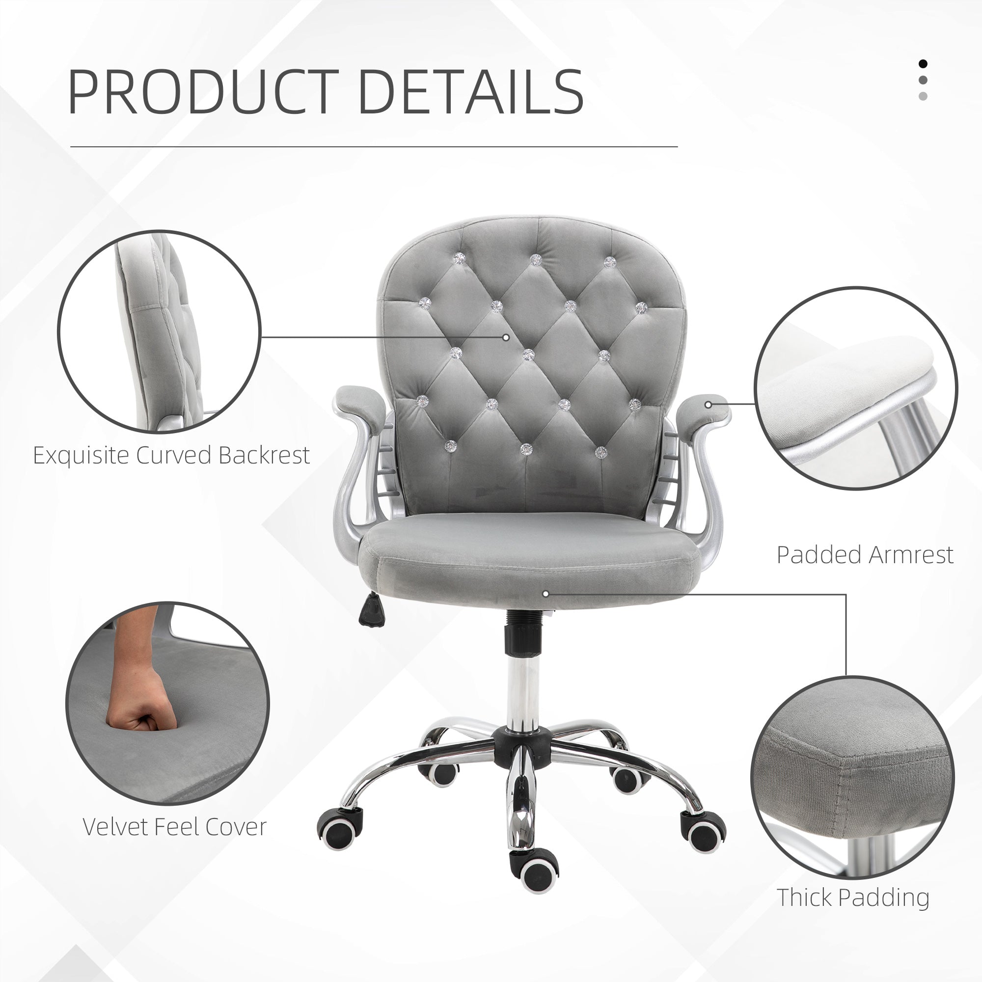 Office Chair Ergonomic 360° Swivel Diamond Tufted Home Work Velour Padded Base 5 Castor Wheels Grey