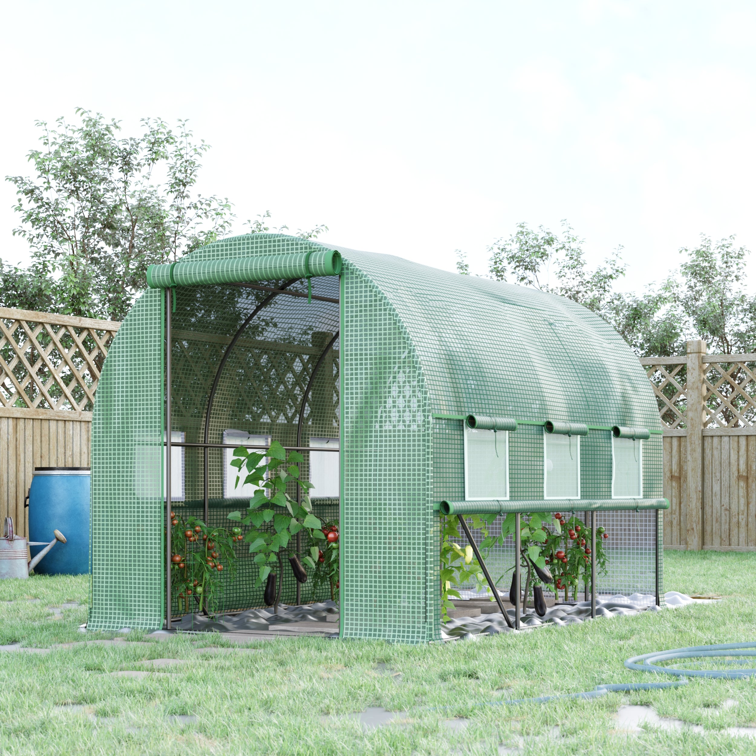 Walk In Greenhouse, Garden Polytunnel with PE Cover, Zipped Roll Up Door and 6 Mesh Windows, 3x2x2m, Green