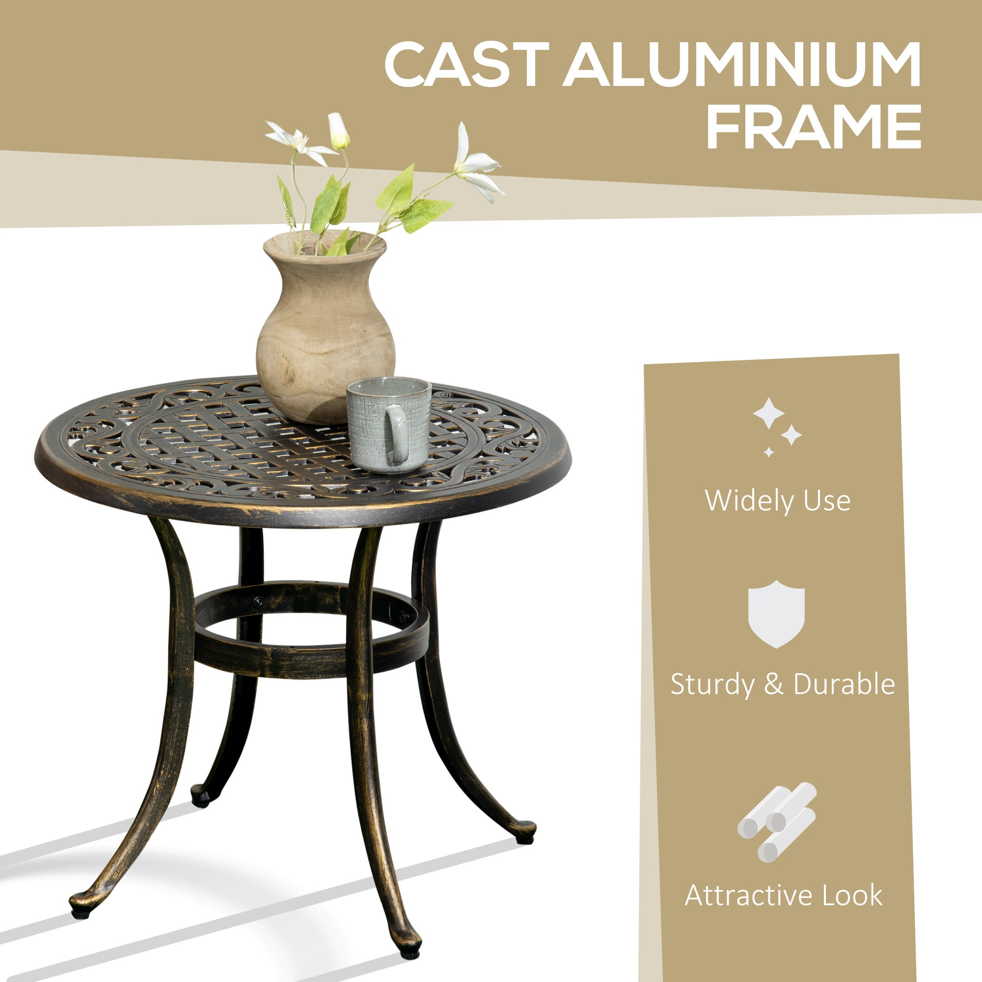 Industrial Garden Side Table, Round Hollow Top Design Patio End Table with Cast Aluminum Frame, Bronze