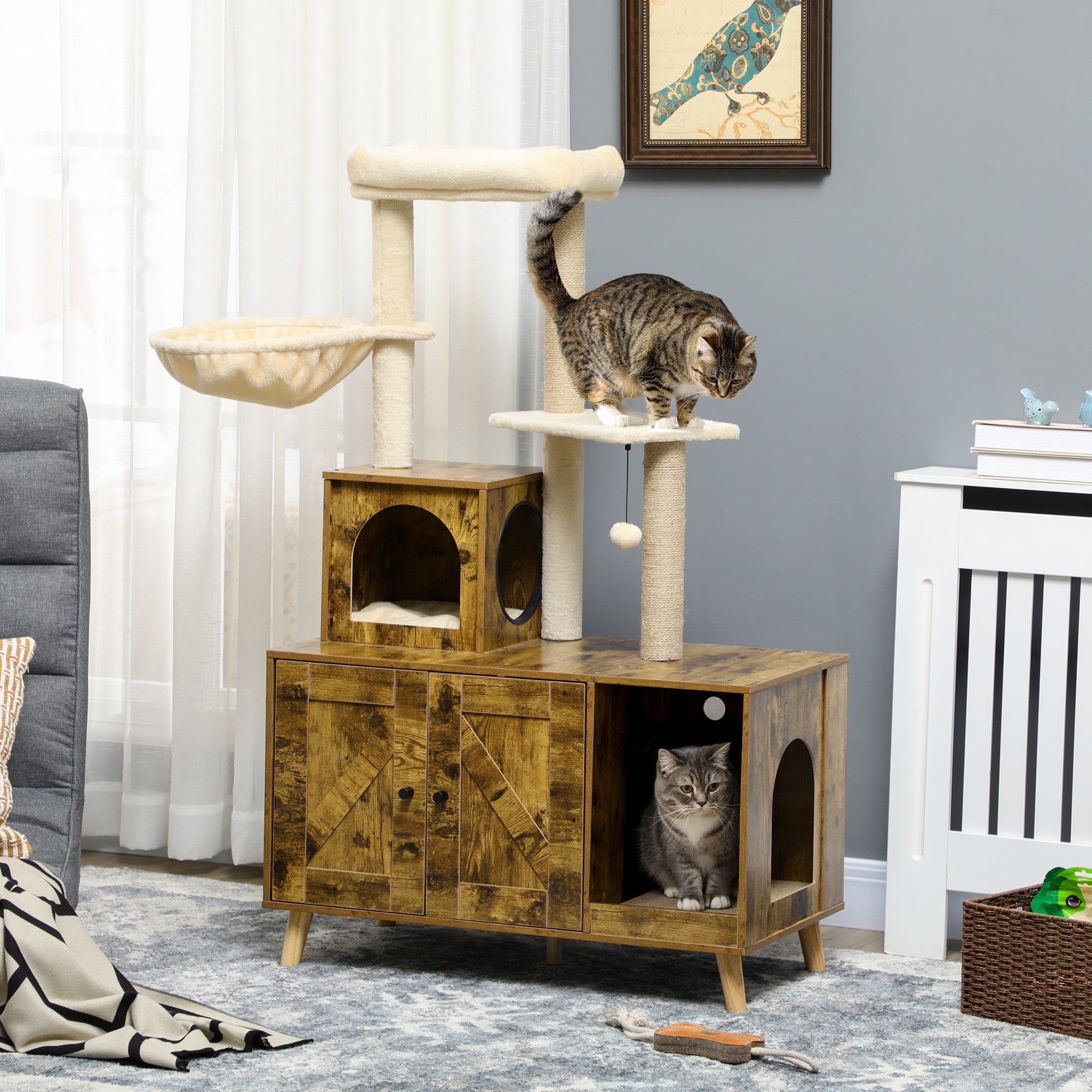 Cat Litter Box Enclosure, with Tree Tower, Cat House, Hammock, Cushion - Rustic Brown