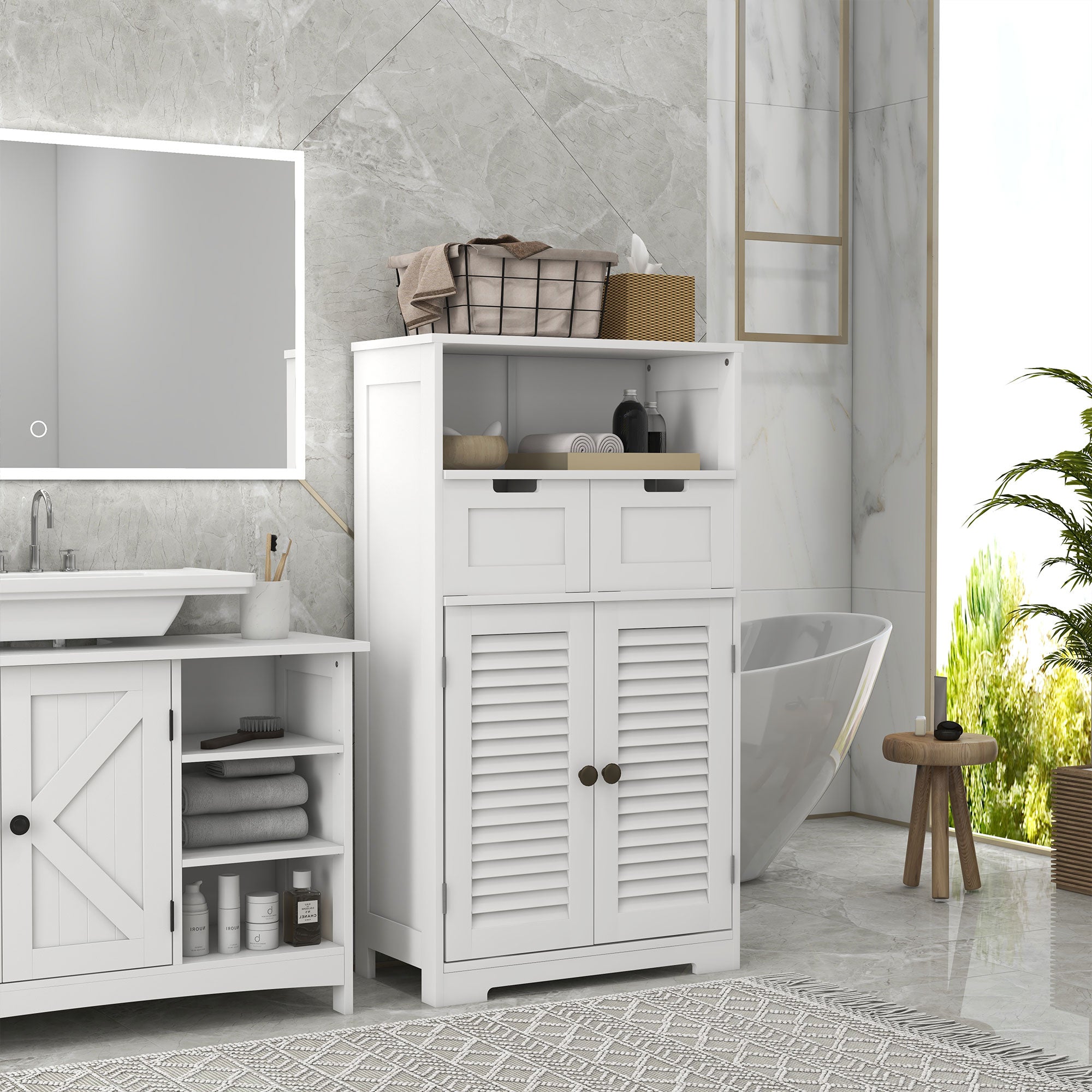 Bathroom Storage Unit with Louvred Doors, Bathroom Floor Cabinet with Drawers, Open Shelf and Adjustable Shelf