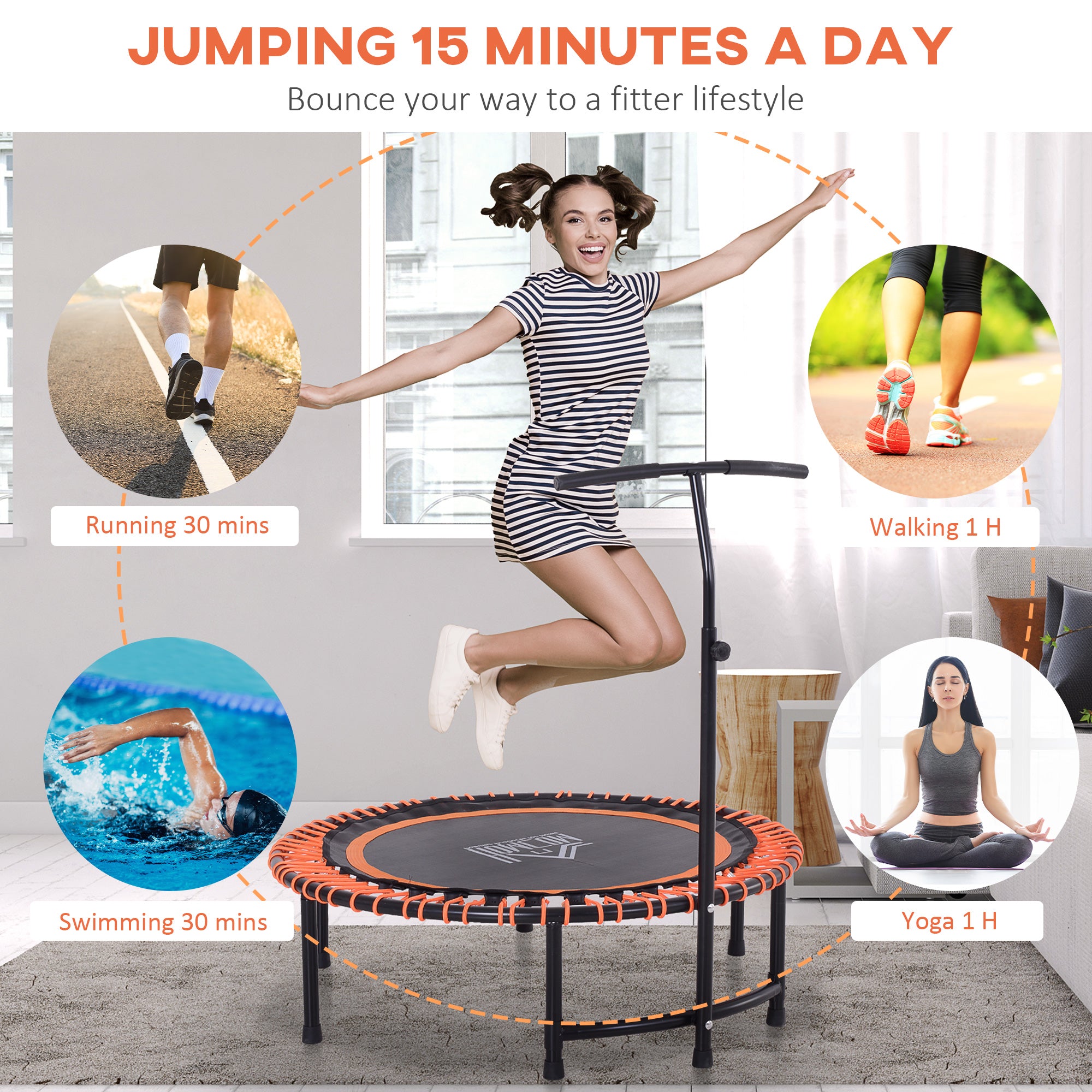 Round Mini Trampoline Exercise Bungee Rebounder Adjustable Handle Bar