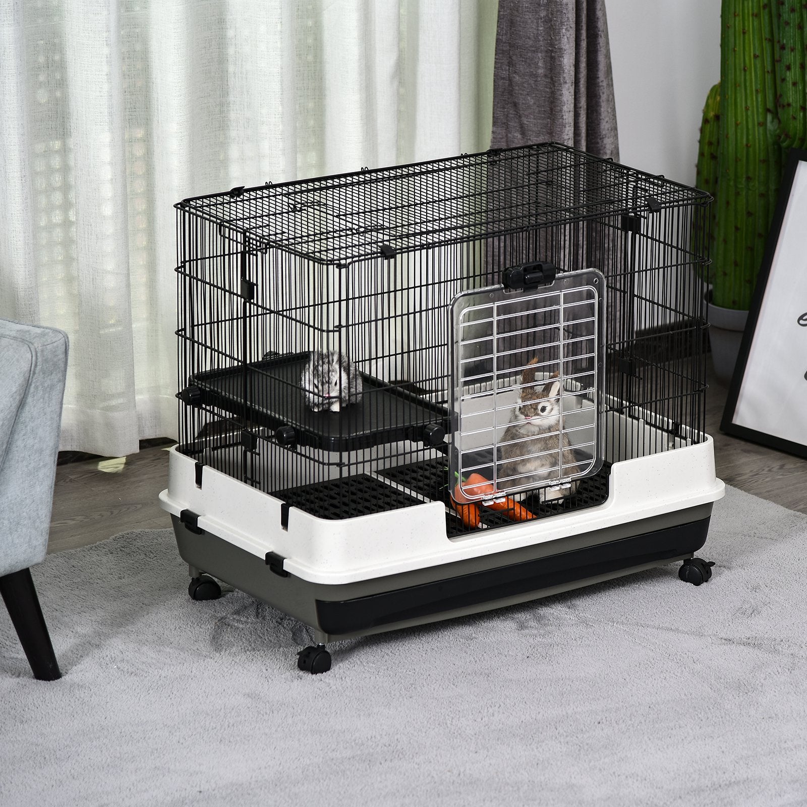 Small Animal Guinea Pigs Hutches Steel Wire Rabbit Cage Pet Play House W/ Waste Tray Black