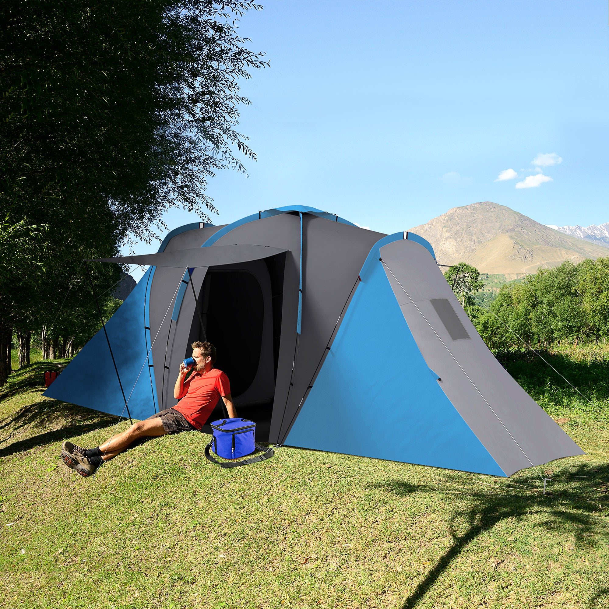 Large 4-6 Man Tunnel Camping Tent with 2 Bedrooms and Waterproof Blue