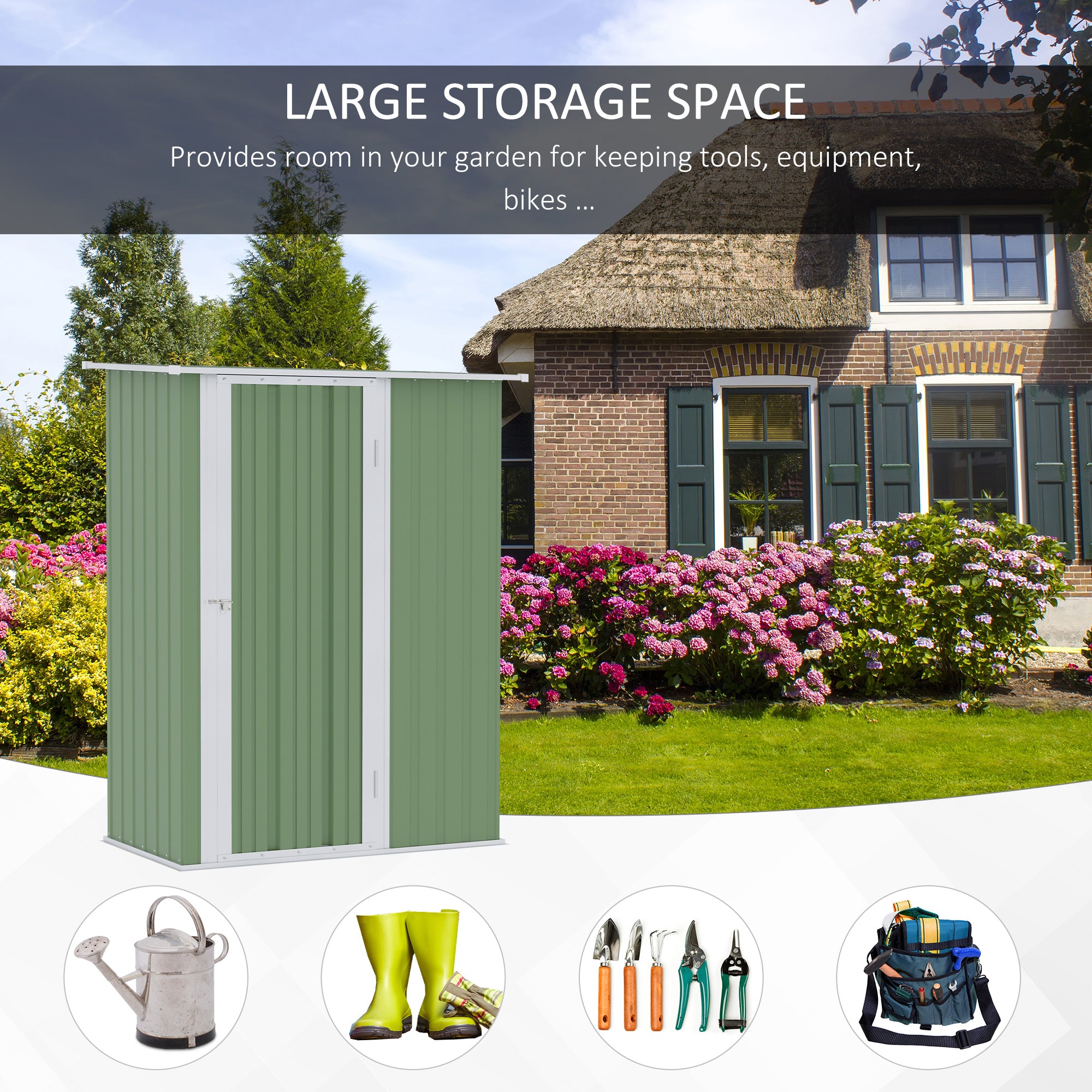 Garden Storage Shed, Outdoor Tool Shed with Sloped Roof, Lockable Door for Equipment, Bikes, Light Green, 142 x 84 x 189cm