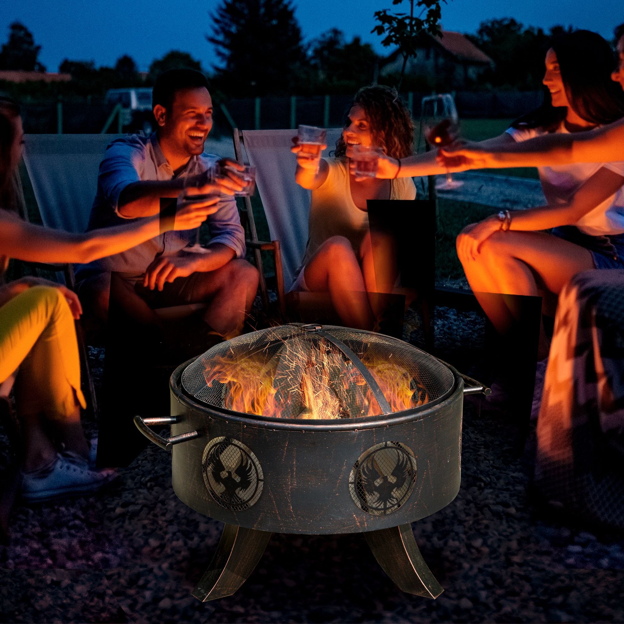 Outdoor Fire Pit Patio Heater Charcoal Log Wood Burner with Screen Cover, Fire Bowl with Poker for Backyard, Bronze Tone