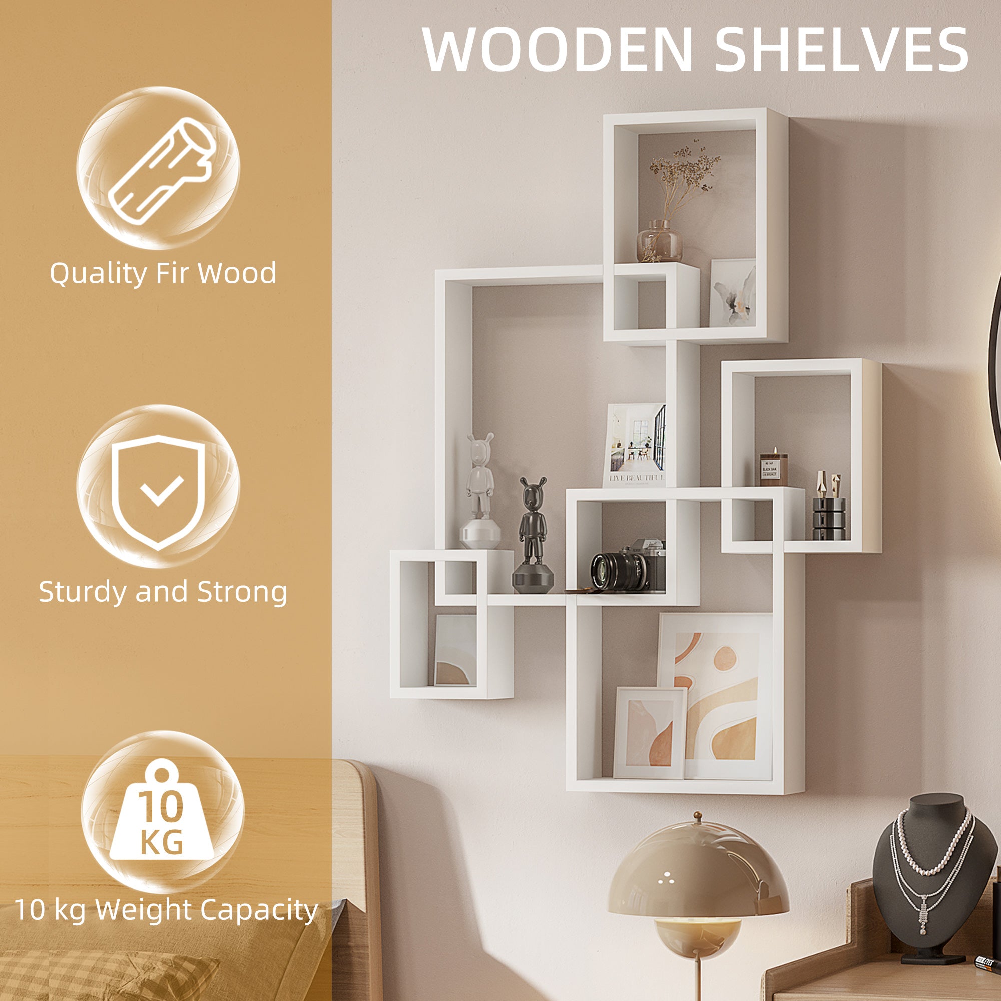 Floating Shelves, Wall Mounted Interlocking Cube Shelves, Display Wall Shelf for Living Room, Bedroom, Hallways, White