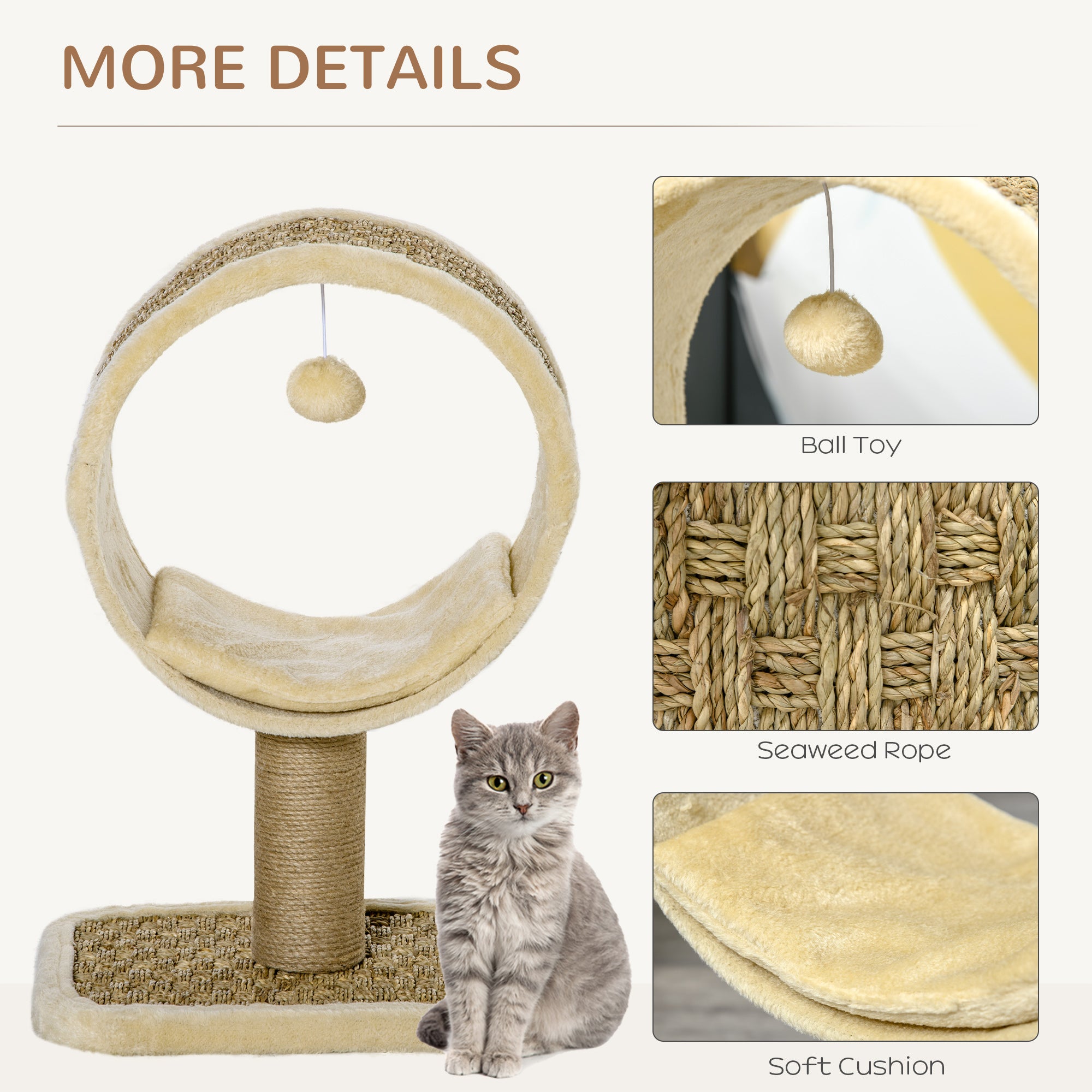 56cm Small Cat Tree for Indoor Cats with Scratching Post, Kitten Tower with Tunnel, Ball Toy, Cushion, Beige