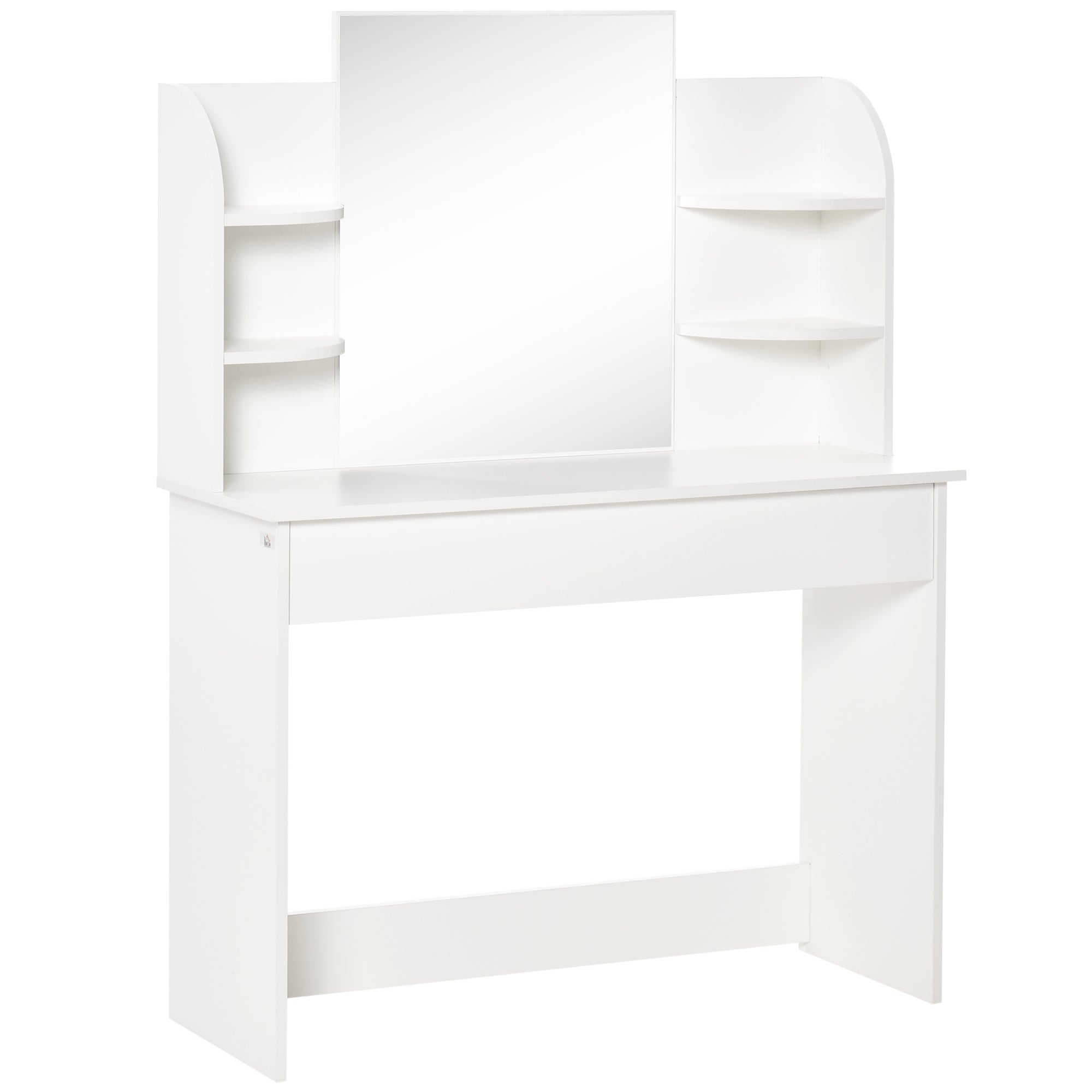 Modern Dressing Table Writing Desk W/ Mirror, Big Drawers, 2-Tier Open Shelf For Home Bedroom White