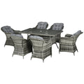 7-Piece PE Rattan Patio Dining Set with Tempered Glass Table & Cushions - Grey