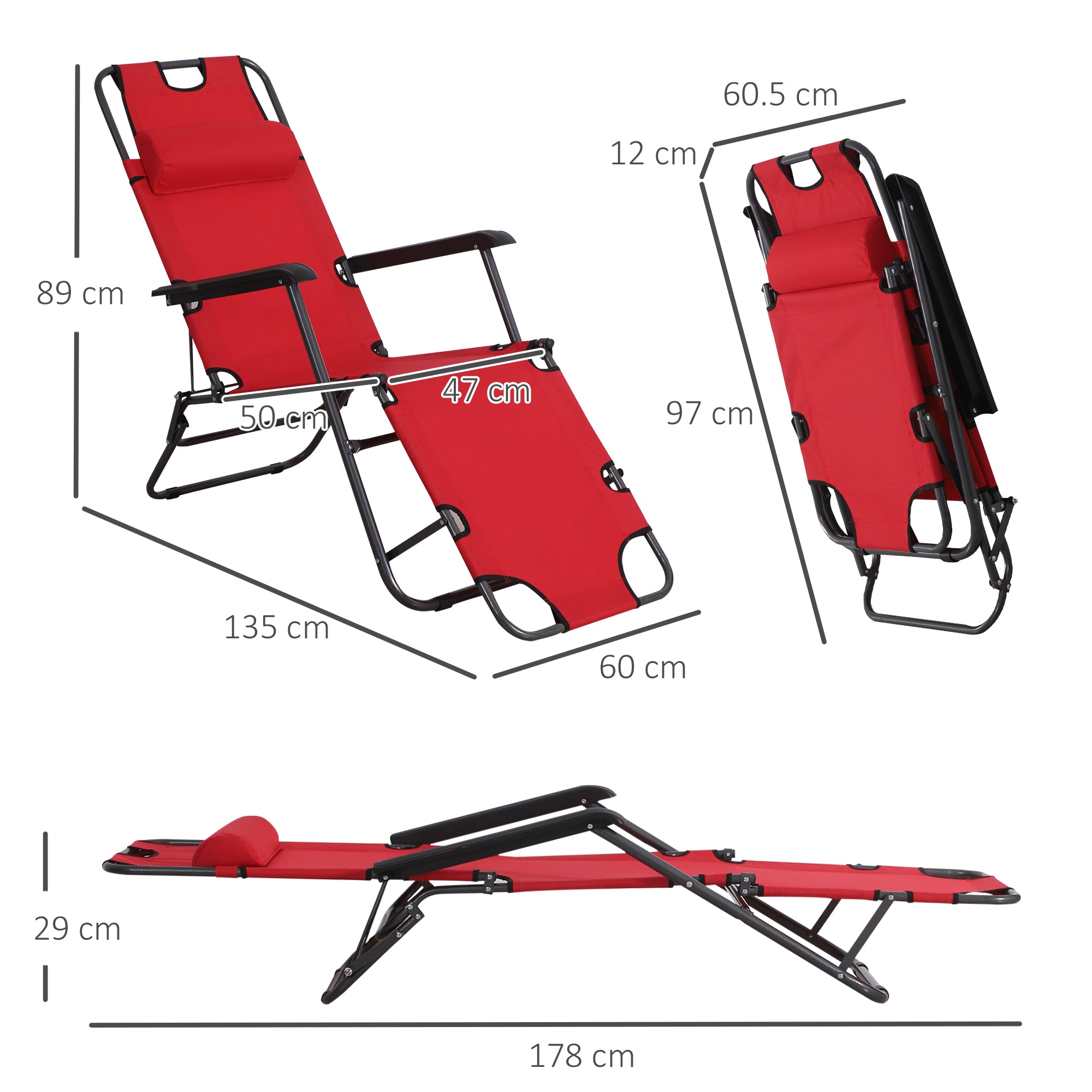 2 Pieces Foldable Sun Loungers with Adjustable Back, Outdoor Reclining Garden Chairs with Pillow and Armrests, Red