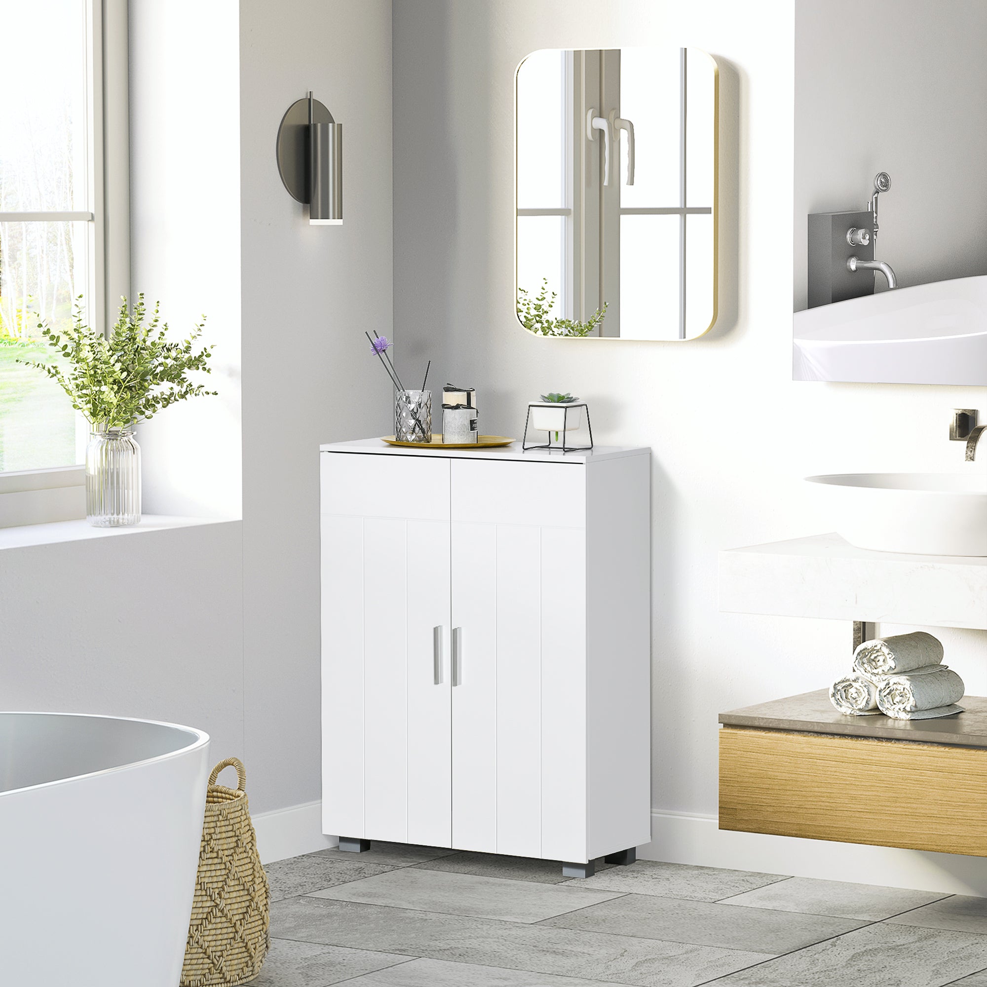 Modern Bathroom Floor Cabinet, Free Standing Linen Cabinet, Storage Cupboard with 3 Tier Shelves, White