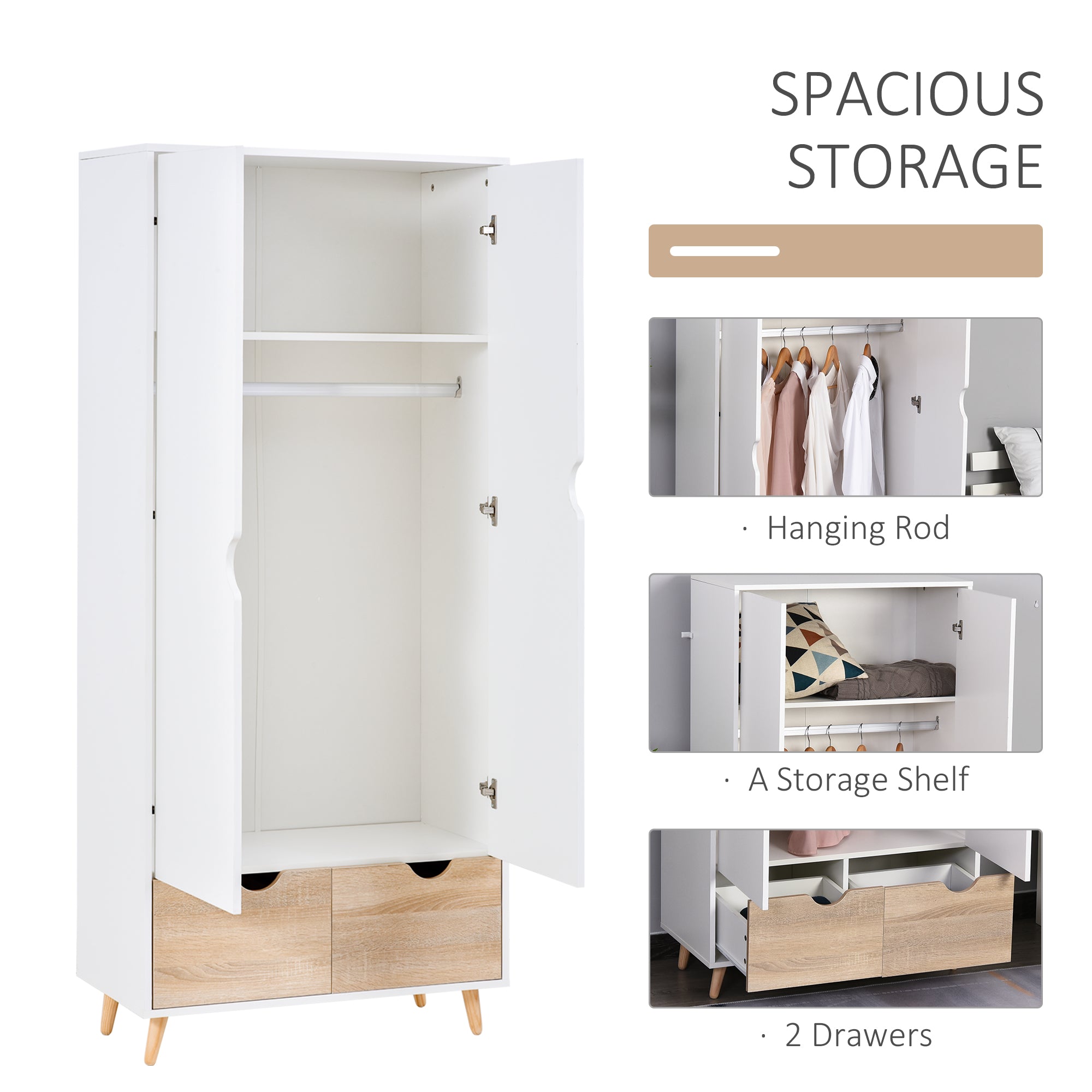 2-Door Clothes Wardrobe w/ Rail Shelf 2 Drawers Wood Feet Elegant Home Storage Organisation Furniture Dresses Coats Blankets Shoes White