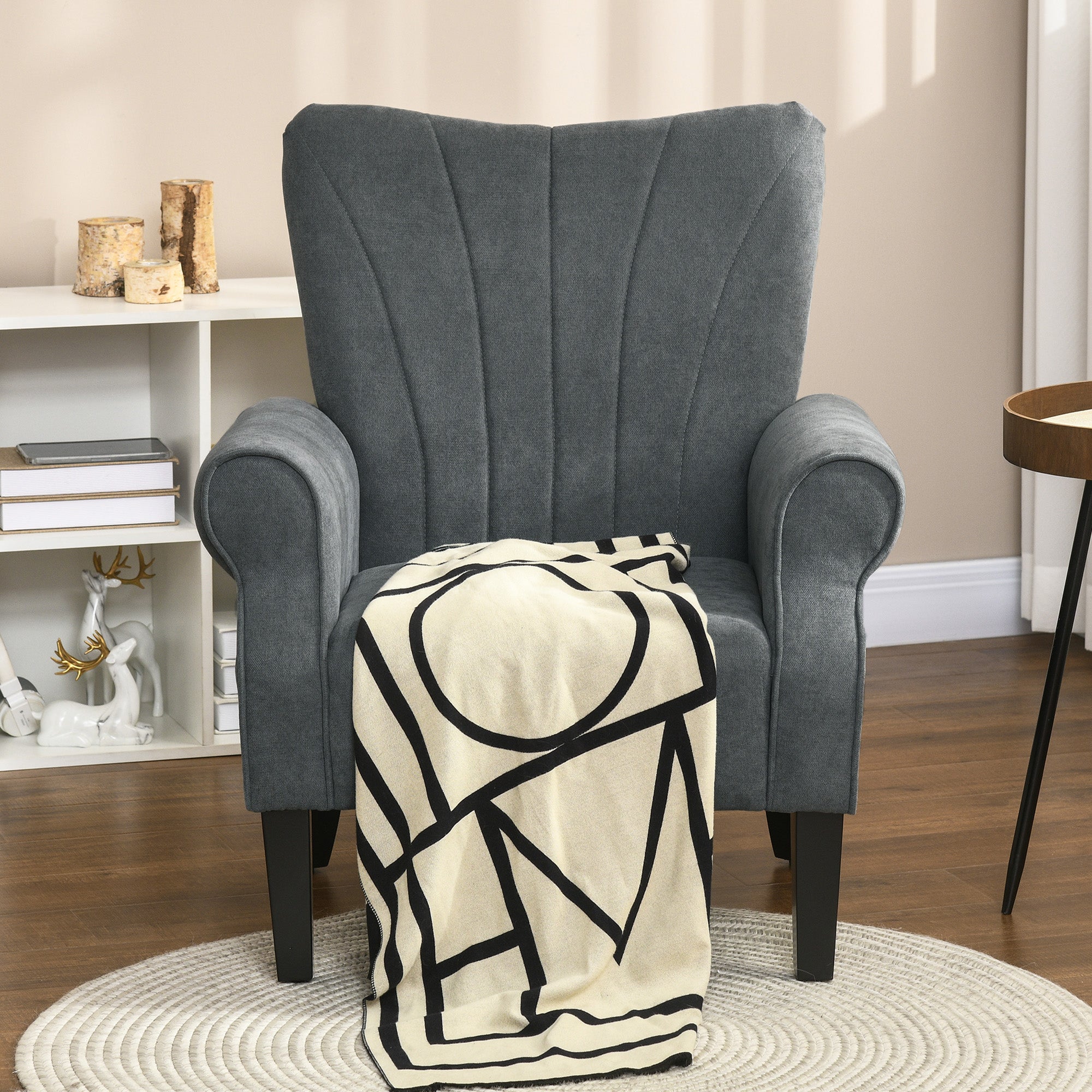 Upholstered Accent Chair with High Back, Rolled Arms and Wood Legs, Soft Thick Padded Armchair, Grey