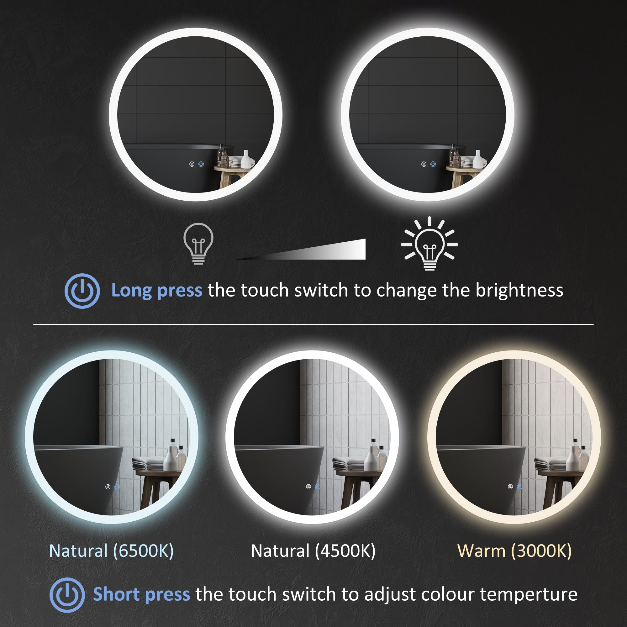 Round Illuminated Bathroom Mirrors w/ LED Lights, Wall Mount Mirror w/ 3 Colours, Anti-Fog, Memory Function & Aluminium, 70 x 70 cm