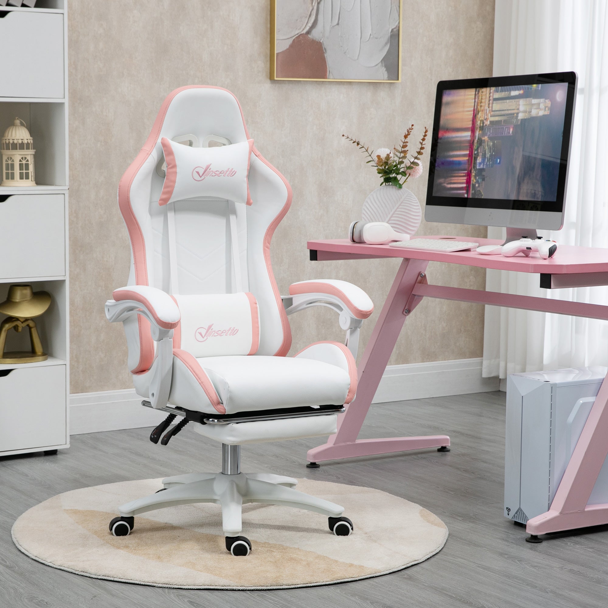 Racing Gaming Chair, Reclining PU Leather Computer Chair with 360 Degree Swivel Seat, Footrest, Removable Headrest White and Pink