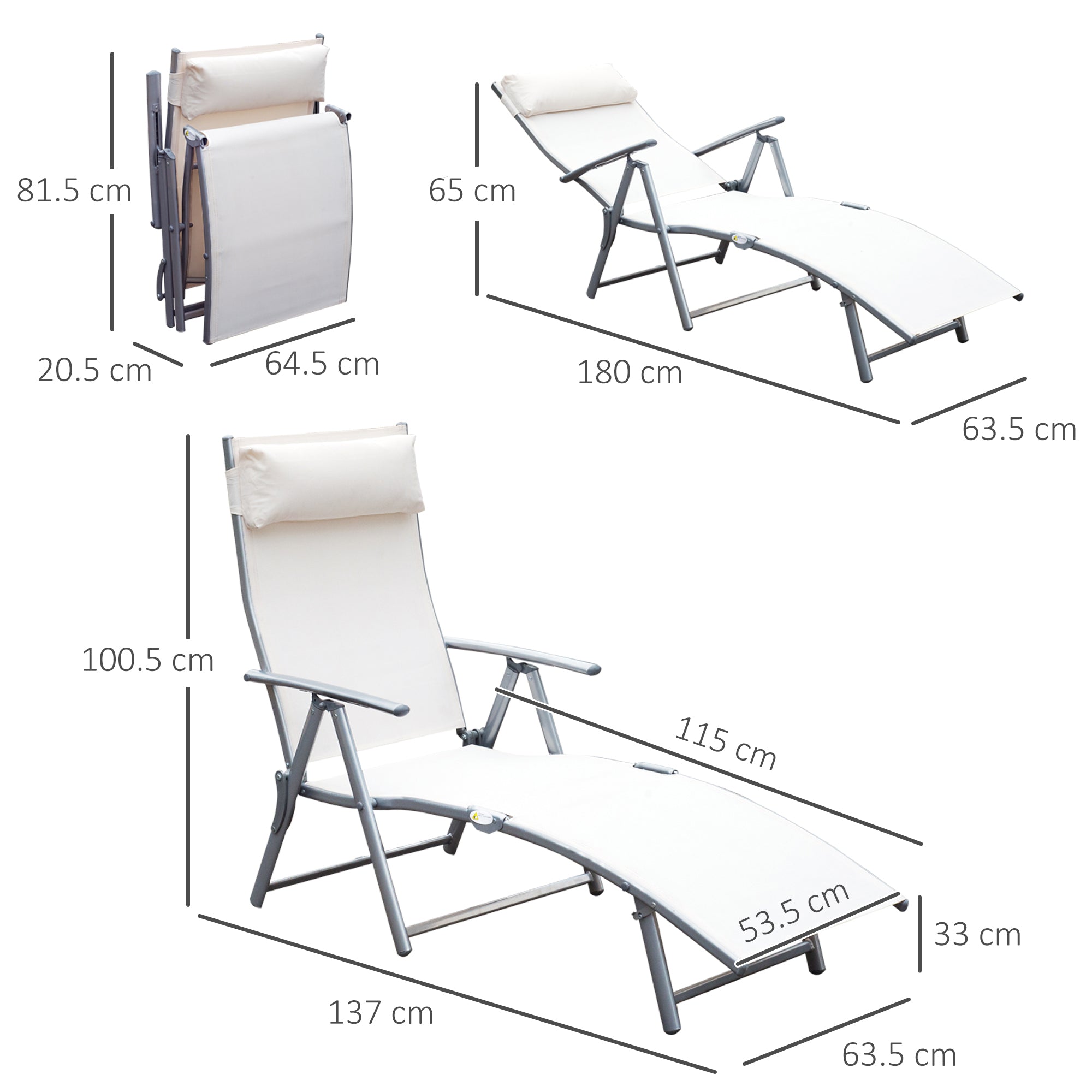 Garden Lounger Steel Frame Outdoor Folding Chaise Recliner with Headrest & 7 Levels Adjustable Backrest, 81.5L x 20.5W x 64.5H, Cream White