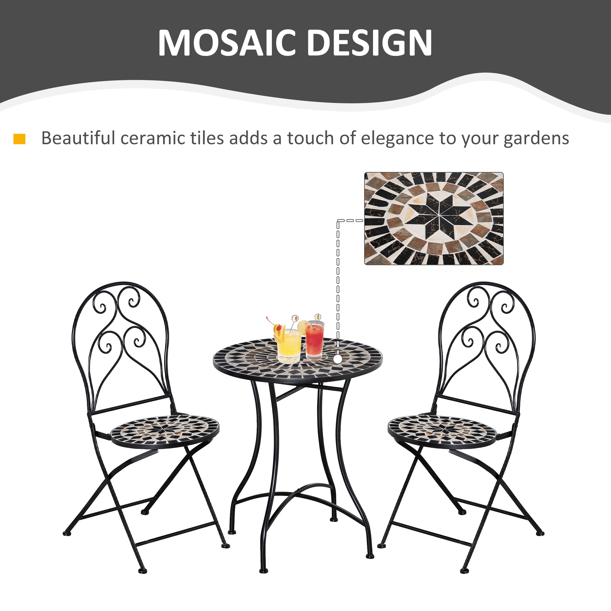 3 Piece Garden Outdoor Bistro Set with Coffee Table and 2 Folding Chairs, Mosaic Tile Top and Seats, Metal Frame, for Patio Balcony