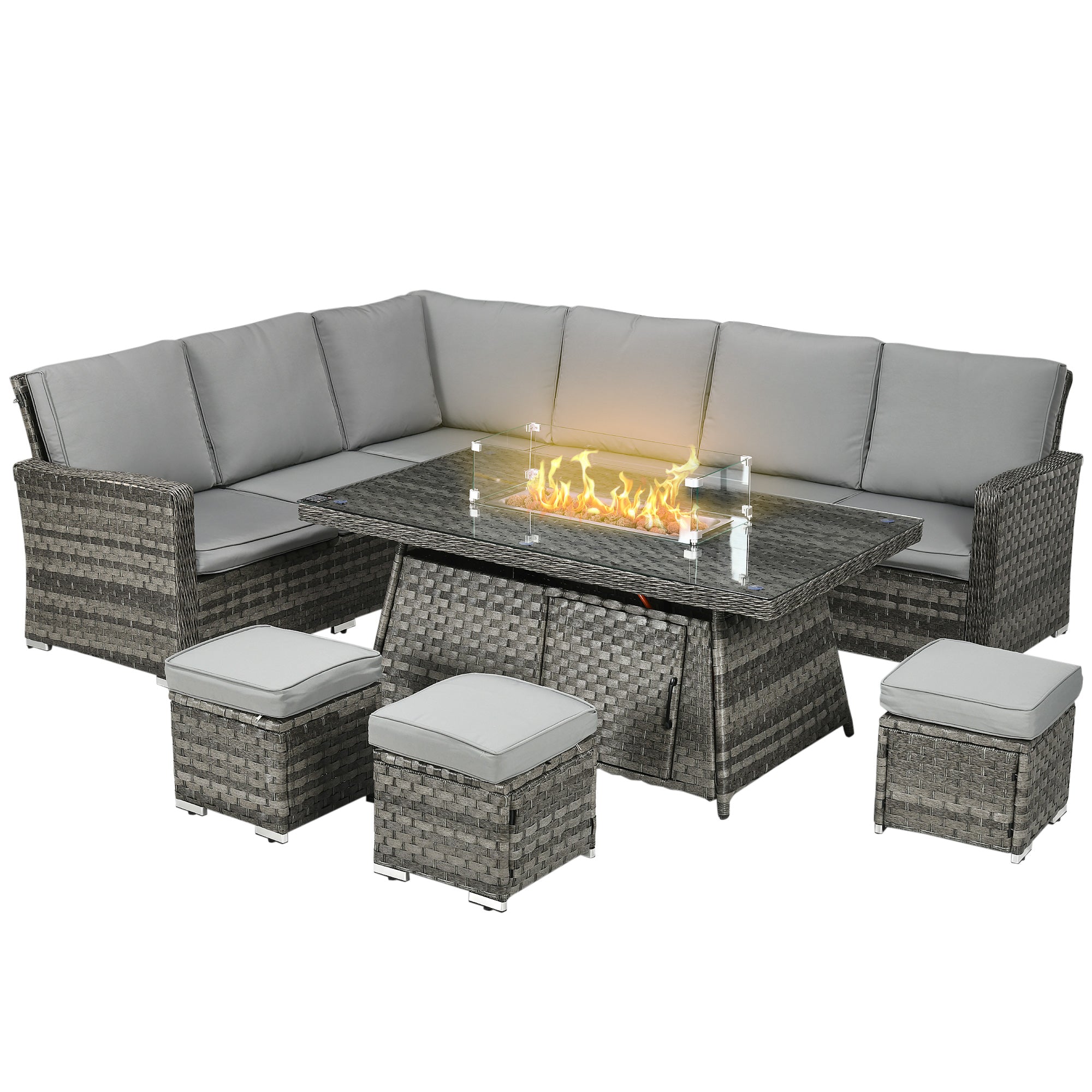 9-Seater PE Rattan Garden Furniture Set, 50,000 BTU Gas Fire Pit Table, Double Corner Sofa, 3 Footstools, Grey