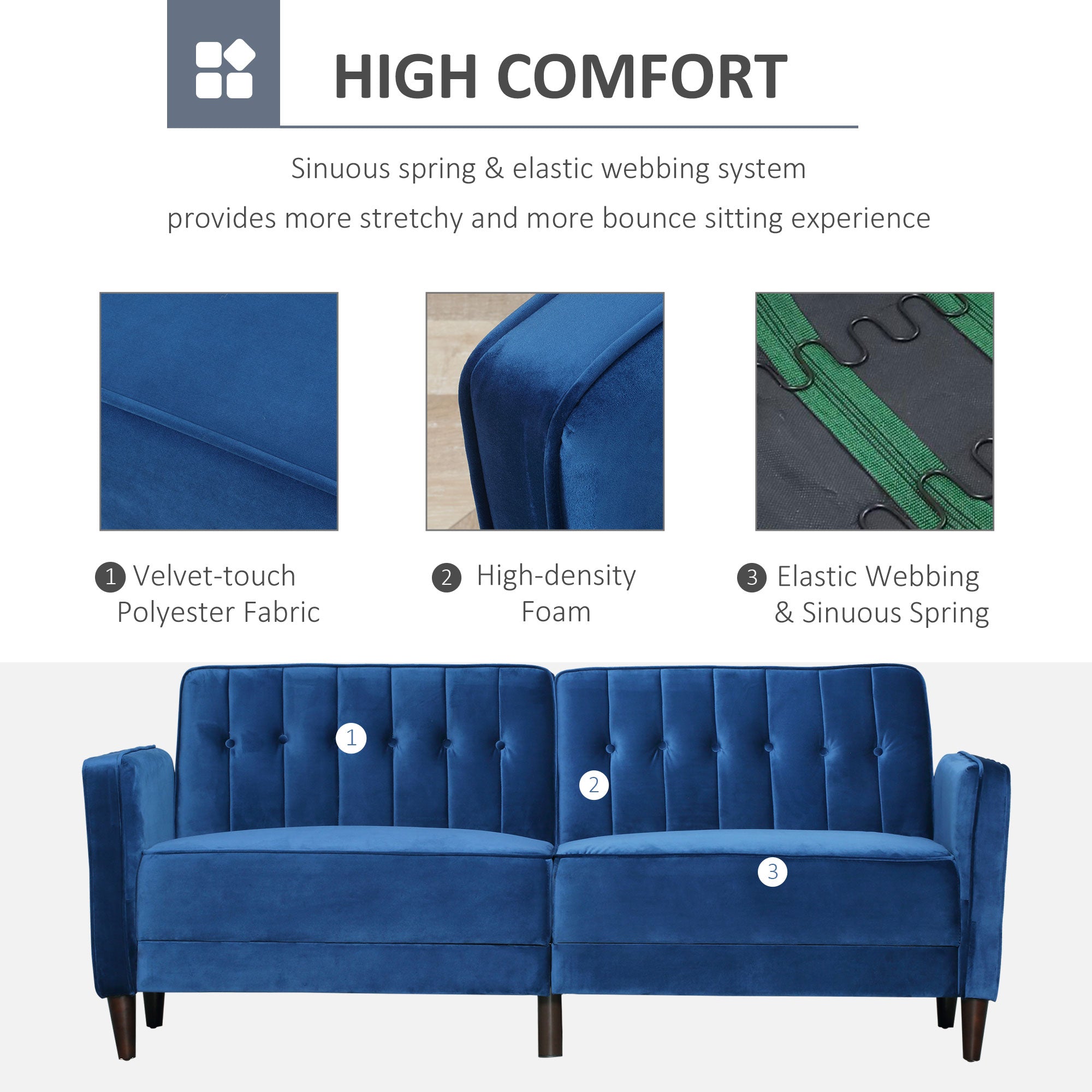 Modern Convertible Sofa Futon Velvet-Touch Tufted Couch Compact Loveseat with Adjustable Split Back, Blue