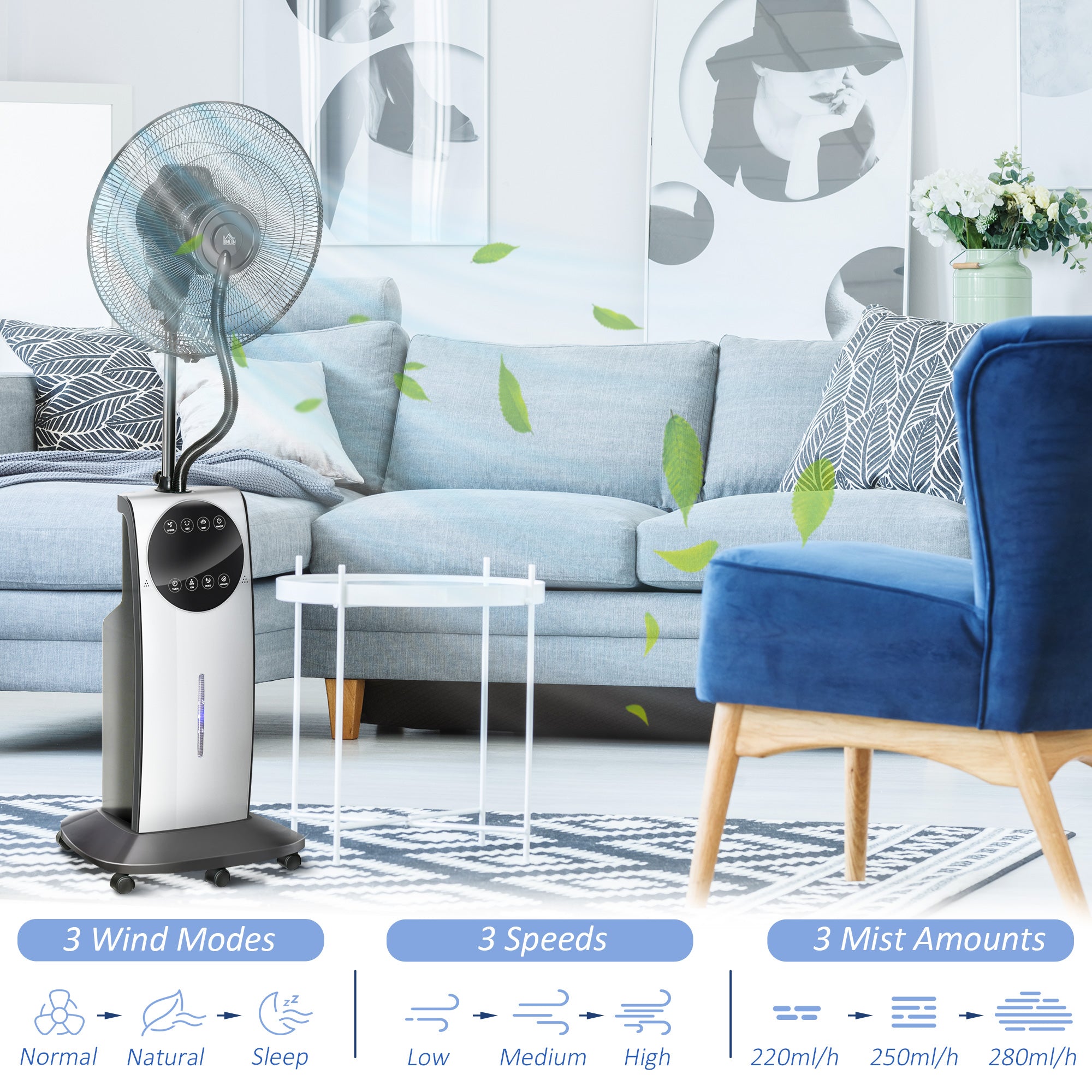 Pedestal Fan with Water Mist Spray, Humidifying Misting Fan, Standing Fan w/3 Speeds, 3.1L Water Tank Electric Mosquito Killer Jack, Black