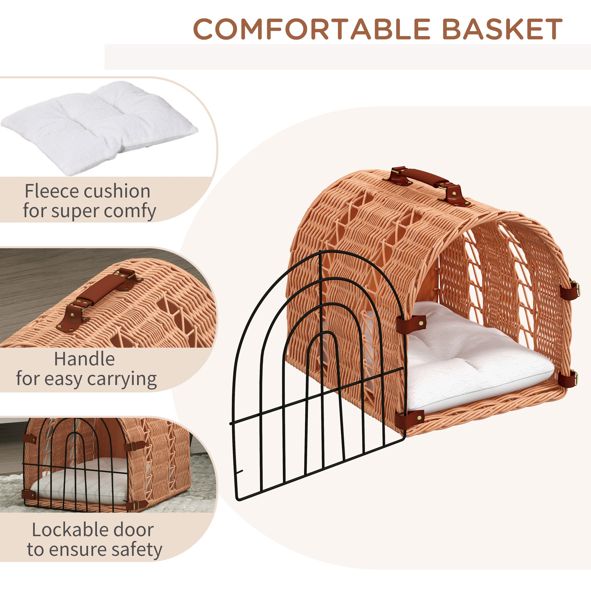 Wicker Cat Carrier Basket Kitten Bed Portable Pet Caves Houses w/ Soft Cushion 37 x 28 x 29 cm Orange