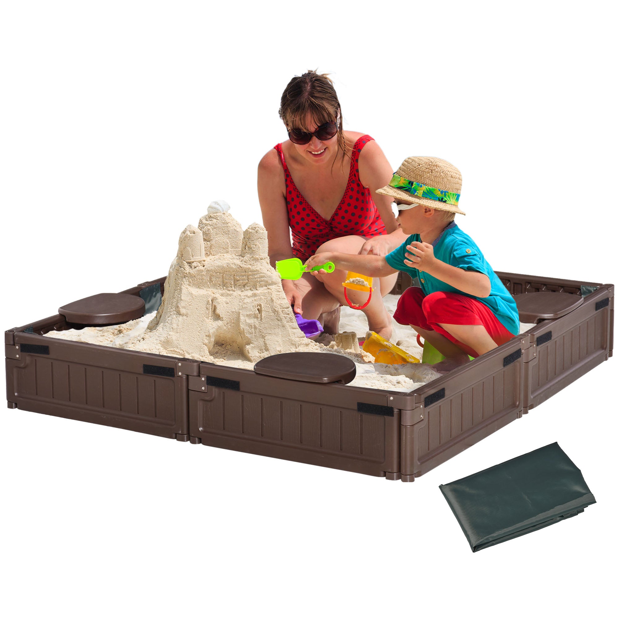 Kids Outdoor Sandbox w/ Waterproof Oxford Canopy Bottom Fabric Liner Children Playset for 3-12 years old Backyard Brown