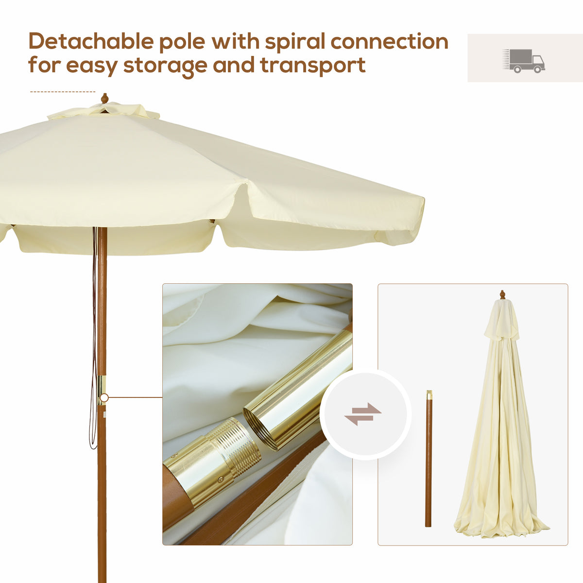 3.3m Patio Umbrella with Bamboo Ribs and Wood Pole, Ruffled Canopy - Beige