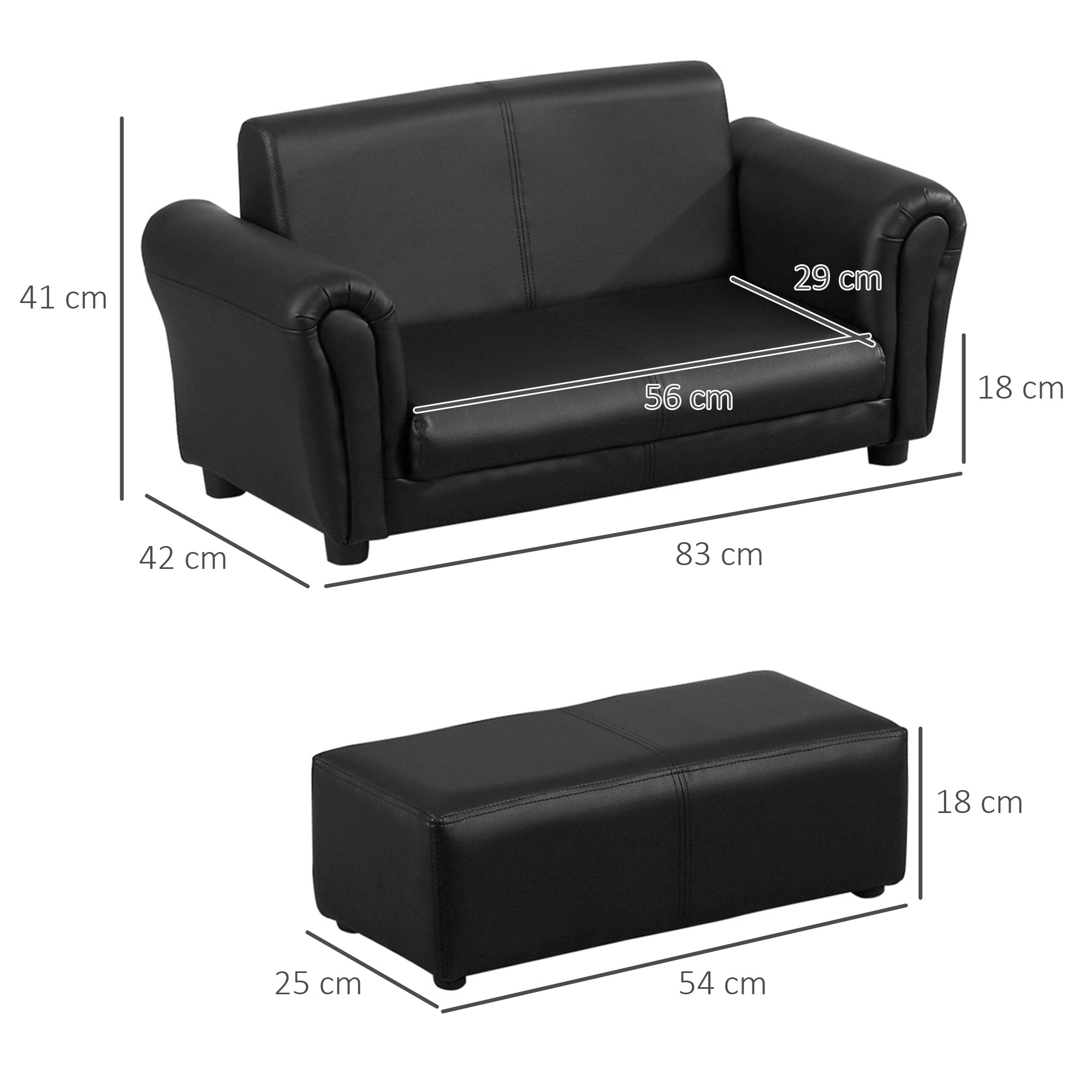 2 Seater Toddler Chair Kids Twin Sofa Childrens Double Seat Chair Furniture Armchair Boys Girls Couch w/ Footstool (Black)