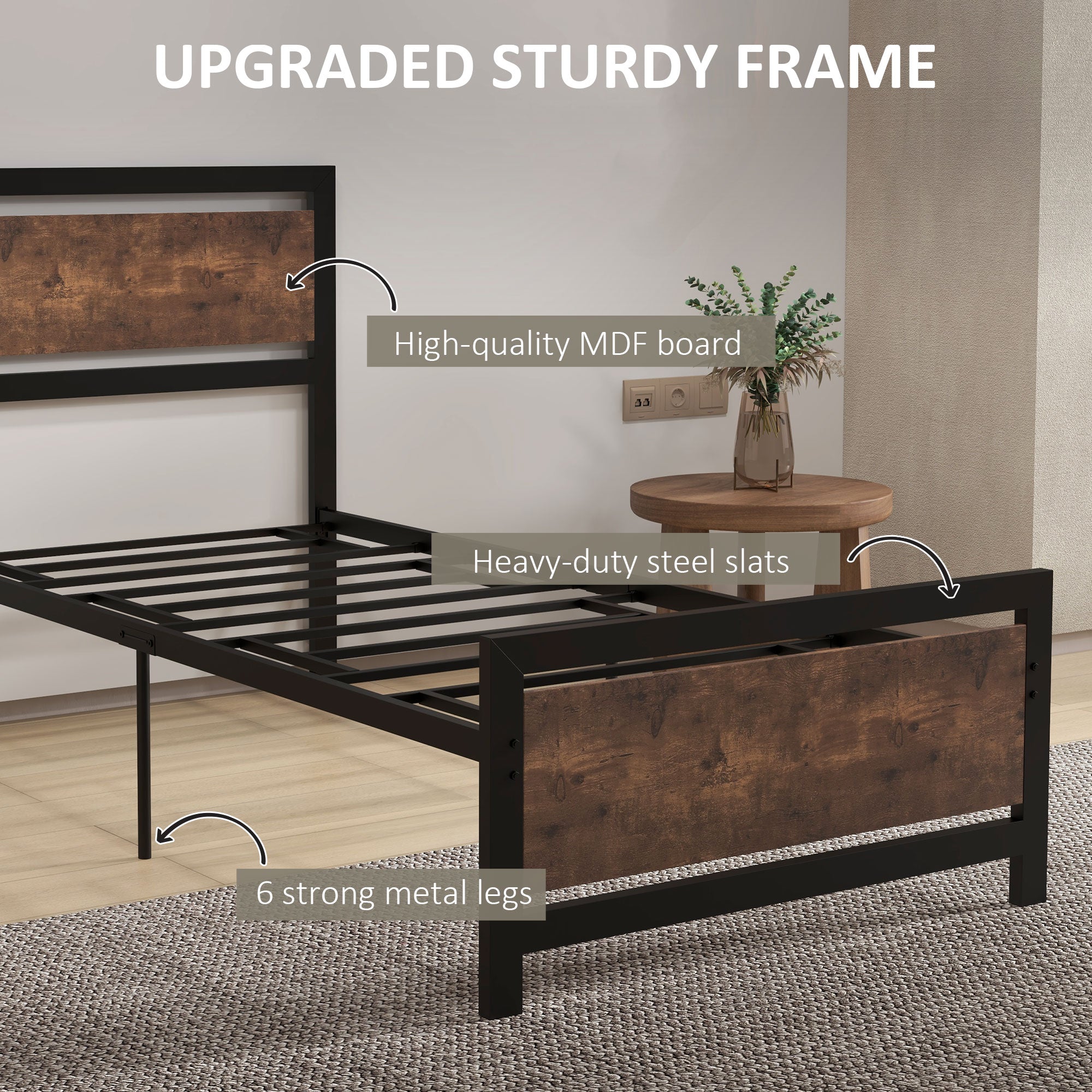 Industrial Style Single Metal Bed Frame with Headboard & Footboard