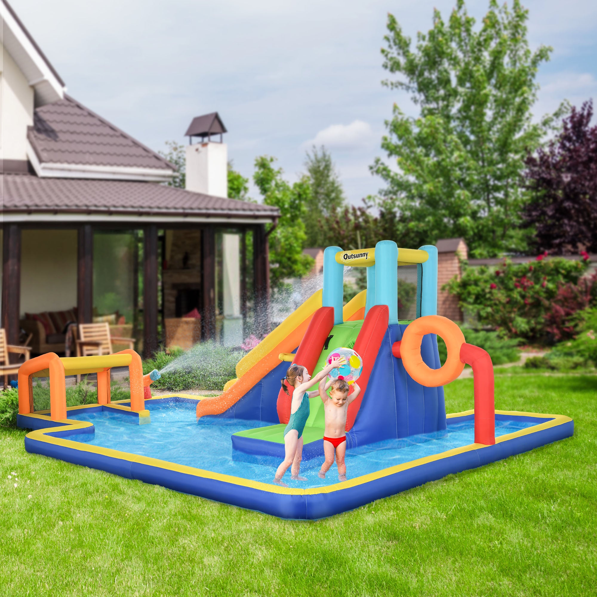 6 in 1 Bouncy Castle with Slide, Pool, Climbing Wall, Water Cannon, Basketball Hoop, Football Stand, for Ages 3-8 Years