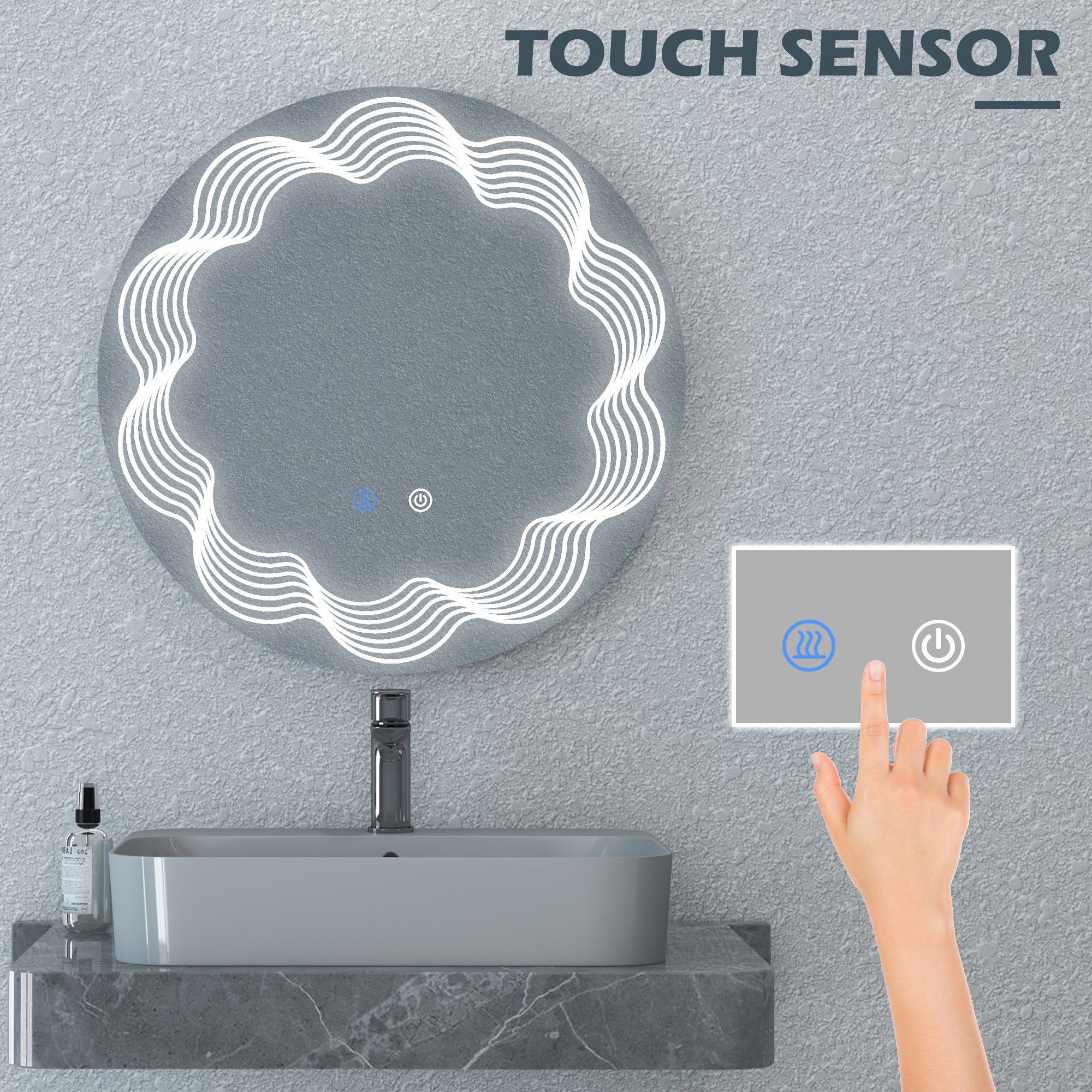 Round Illuminated Bathroom Mirrors w/ LED Dimming Lighted , Wall Mounted Vanity Mirror w/ 3 Colour, Smart Touch, Anti-Fog, 60cm