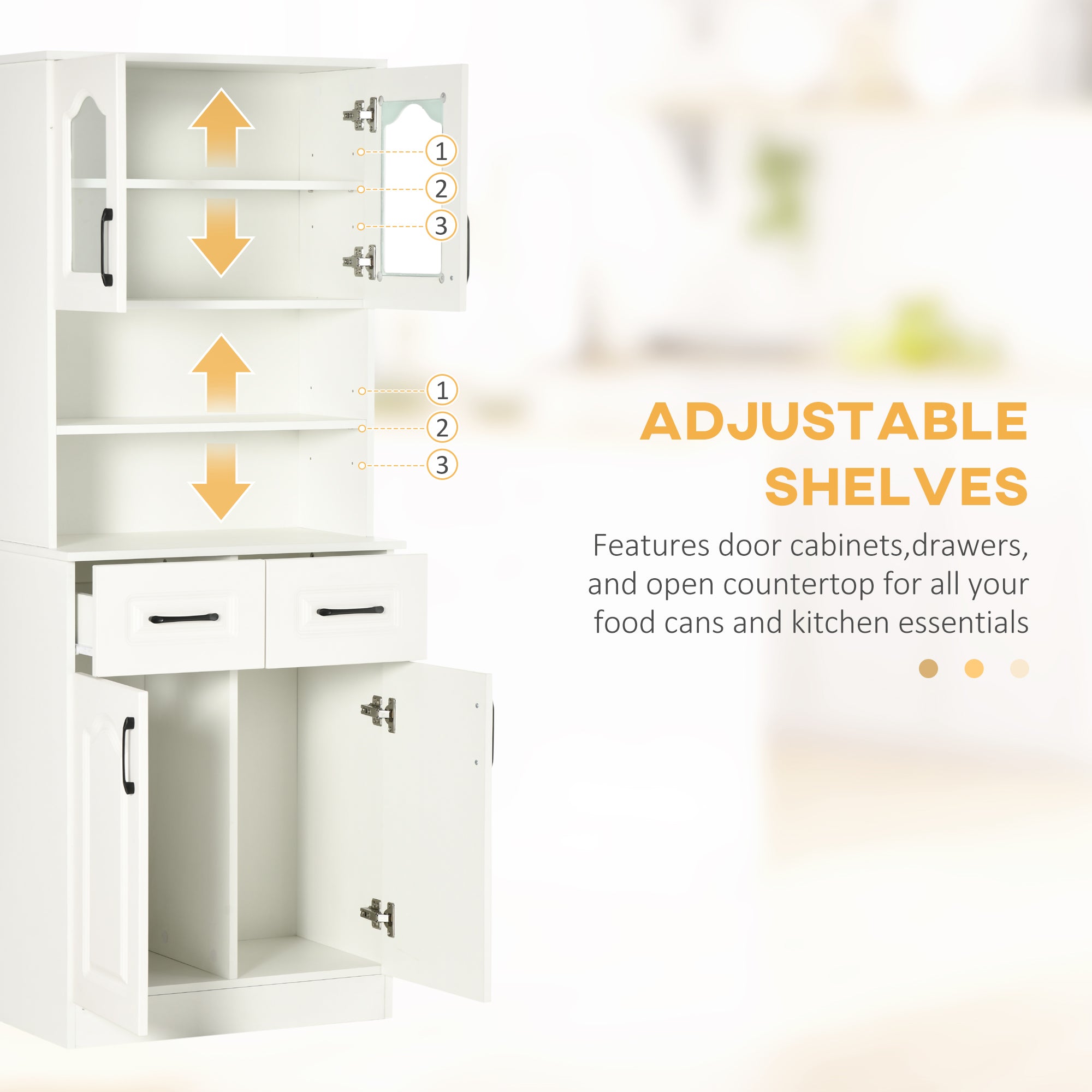 Freestanding Kitchen Cupboard with 2 Adjustable Shelves, 2 Drawers & Open Counter 168cm - White