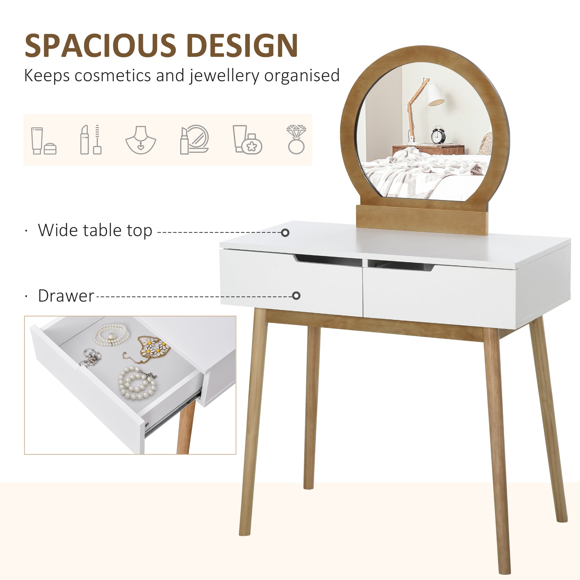 Dressing Table & Stool Set w/ Drawers Mirror Modern Elegant Vanity Makeup Padded Seat Home Bedroom Beauty Furniture Natural Brown