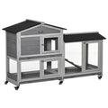 Two-Tier Wooden Rabbit and Guinea Pig Hutch with Run, Wheels, Ramp & Slide-Out Tray 157.4x53x99.5 cm - Grey and Black