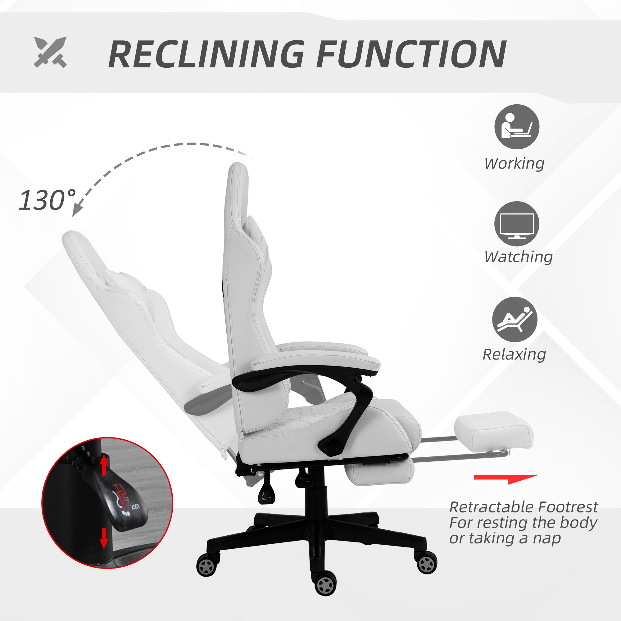 Racing Gaming Chair with Swivel Wheel, Footrest, PU Leather Recliner Gamer Desk for Home Office, White