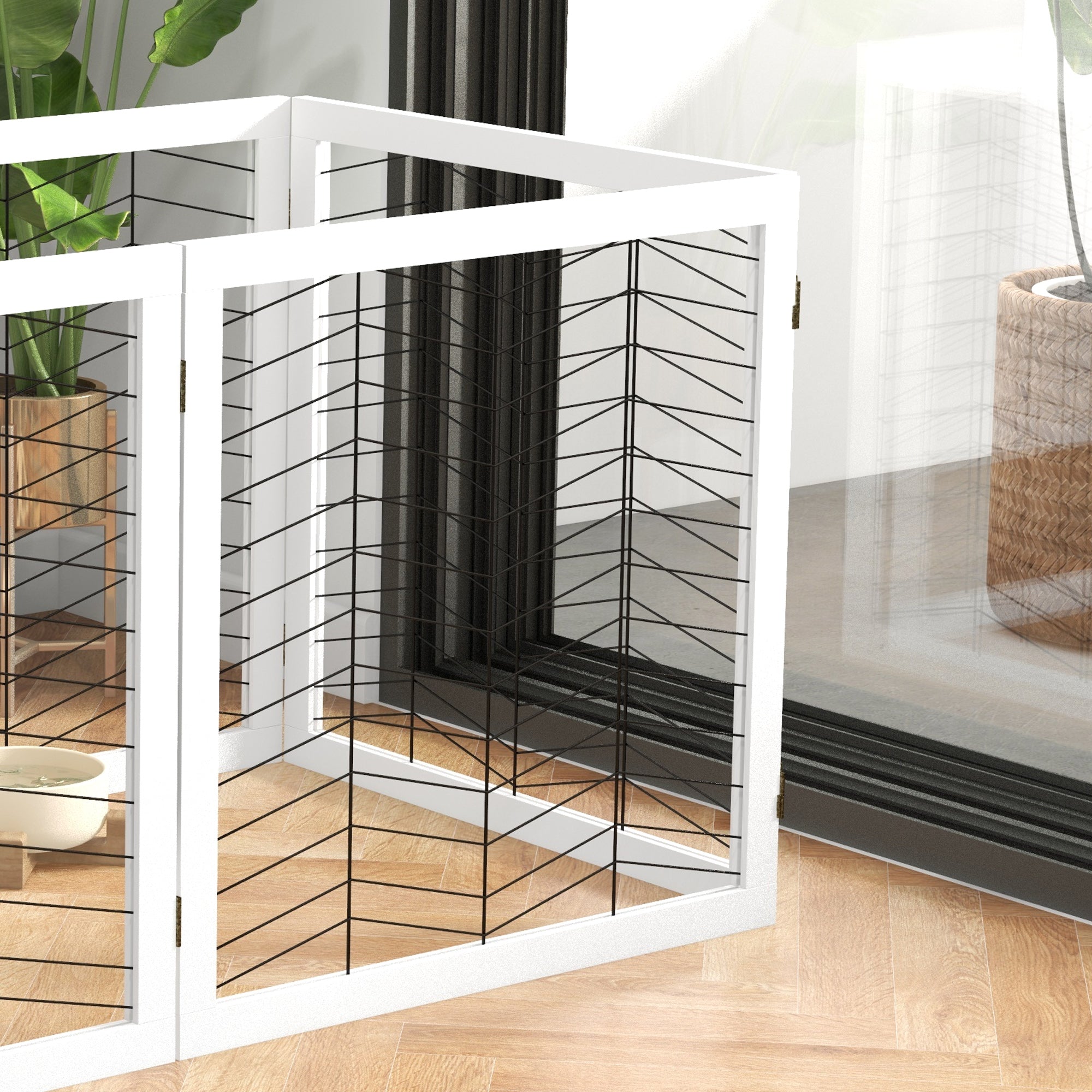 6 Panels Pet Gate, Wooden Foldable Dog Barrier w 2PCS Support Feet, for Small Medium Dogs - White