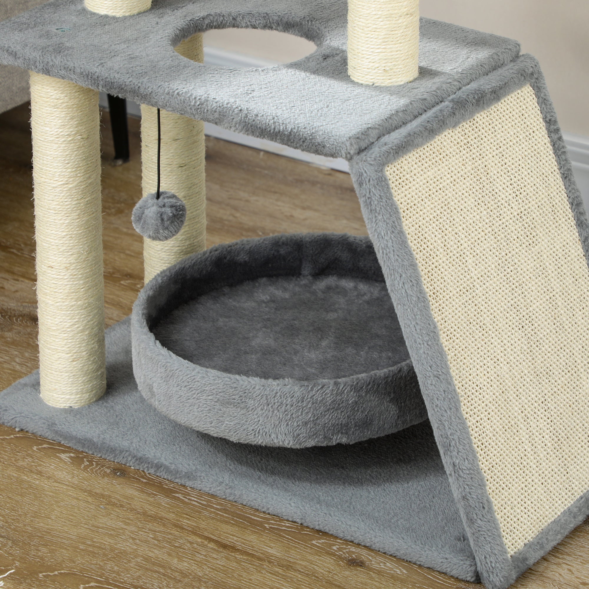 Cat Tree Tower, with Scratching Posts, Pad, Bed, Perch, Toy Ball, Light Grey