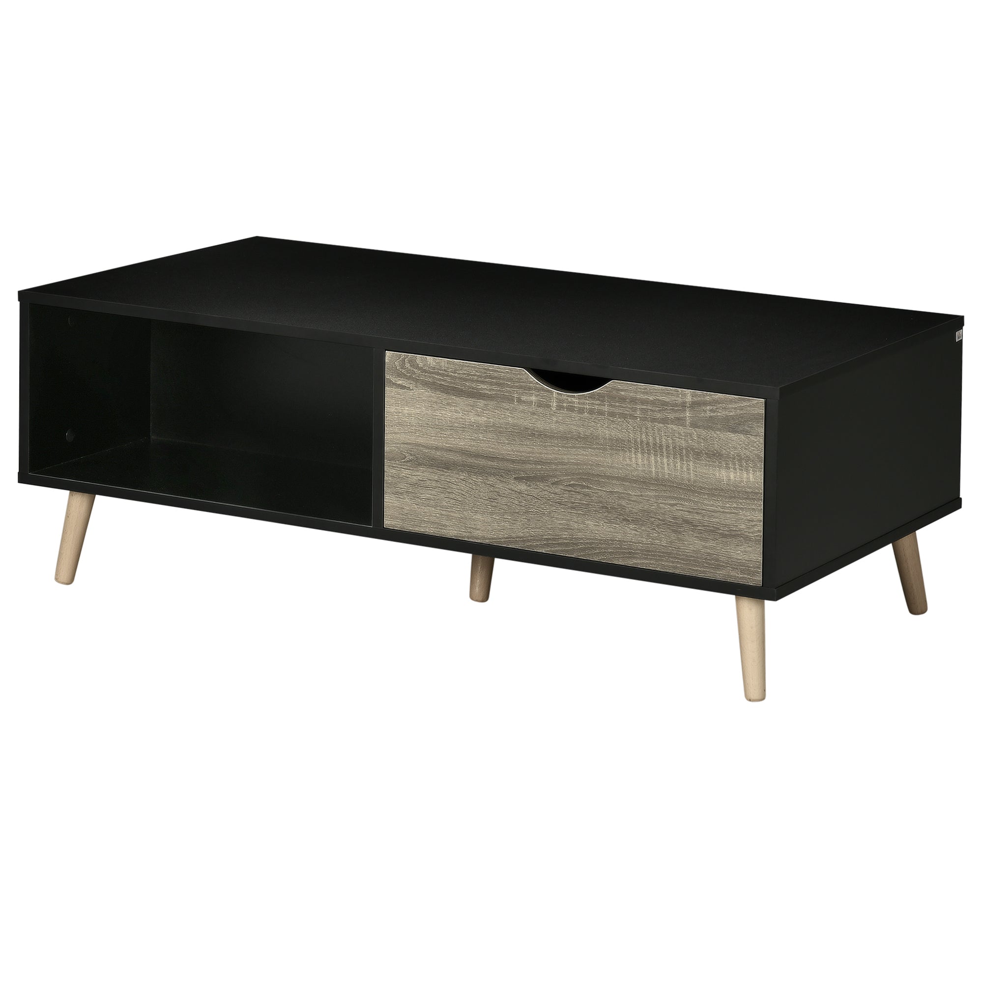 Coffee Table, Modern Tea Table with Open Storage Shelves, Two Drawers and Solid Wood Legs, Coffee Tables for Living Room, Bed Room, Black