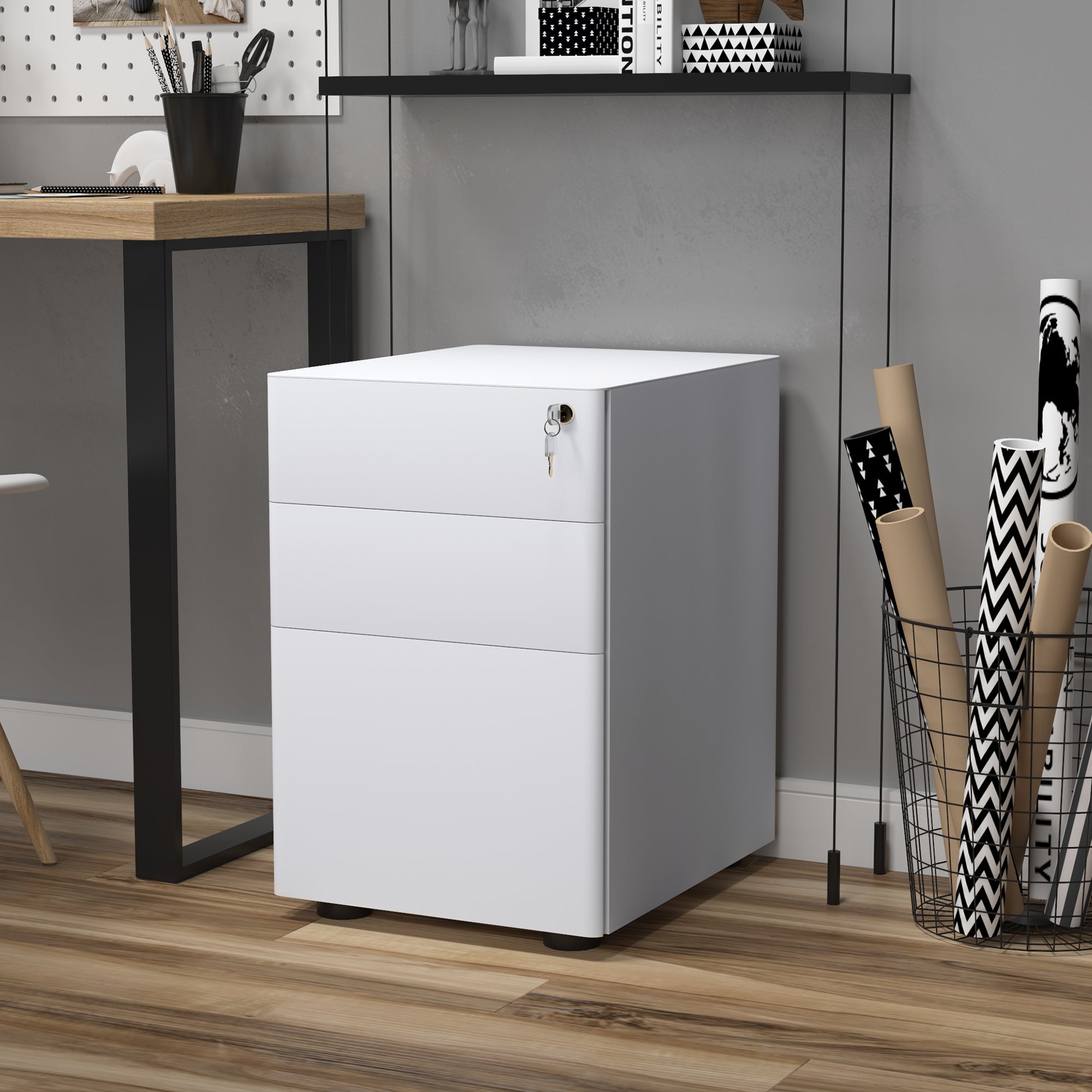 Fully Assembled 3 Drawer Steel Metal Filing Cabinet Lockable Rolling Vertical File Cabinet White