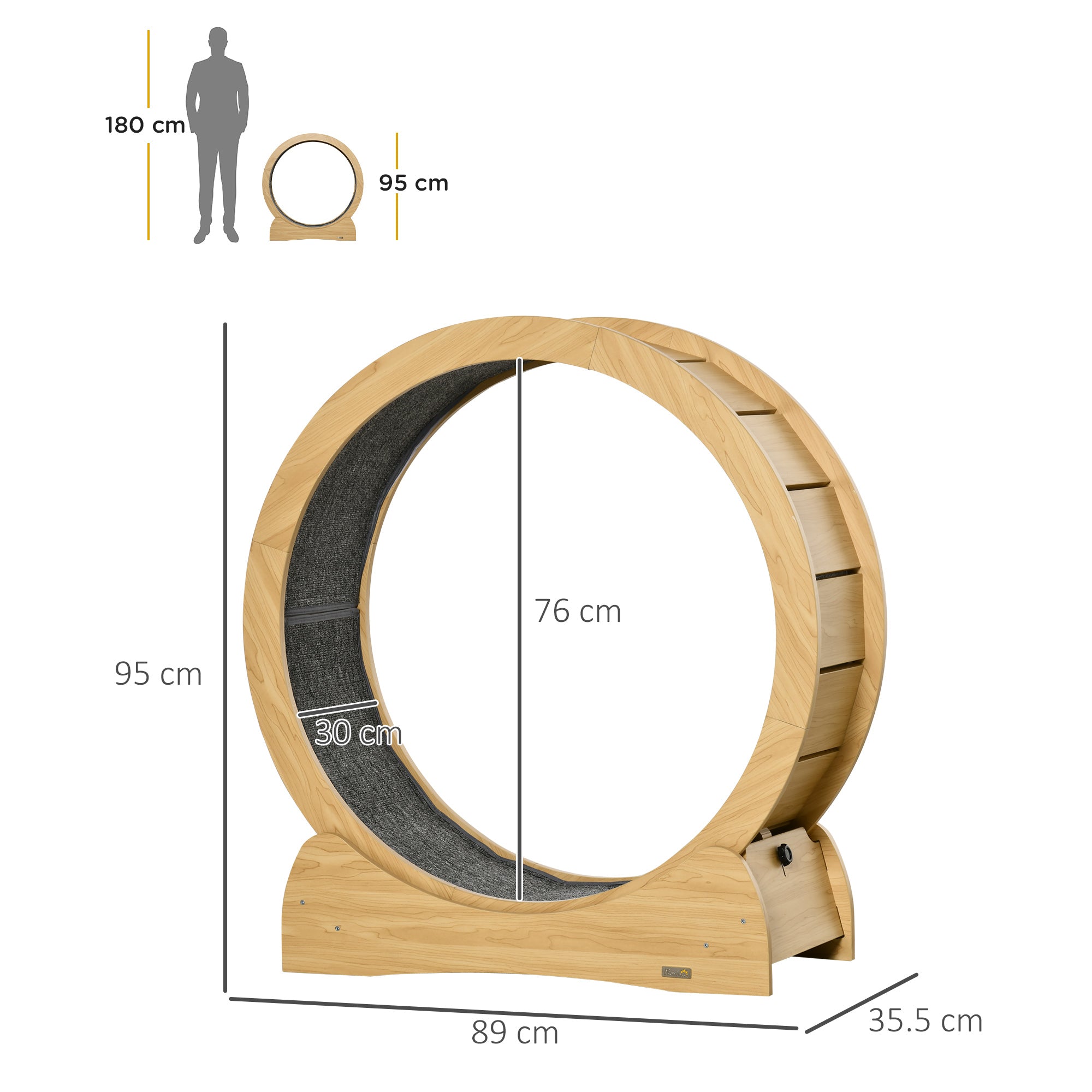 Cat Treadmill, Wooden Cat Exercise Wheel with Carpeted Runway, Cat Running Wheel w/Brake, Cat Tree for Physical Activity, Natural Wood Finish